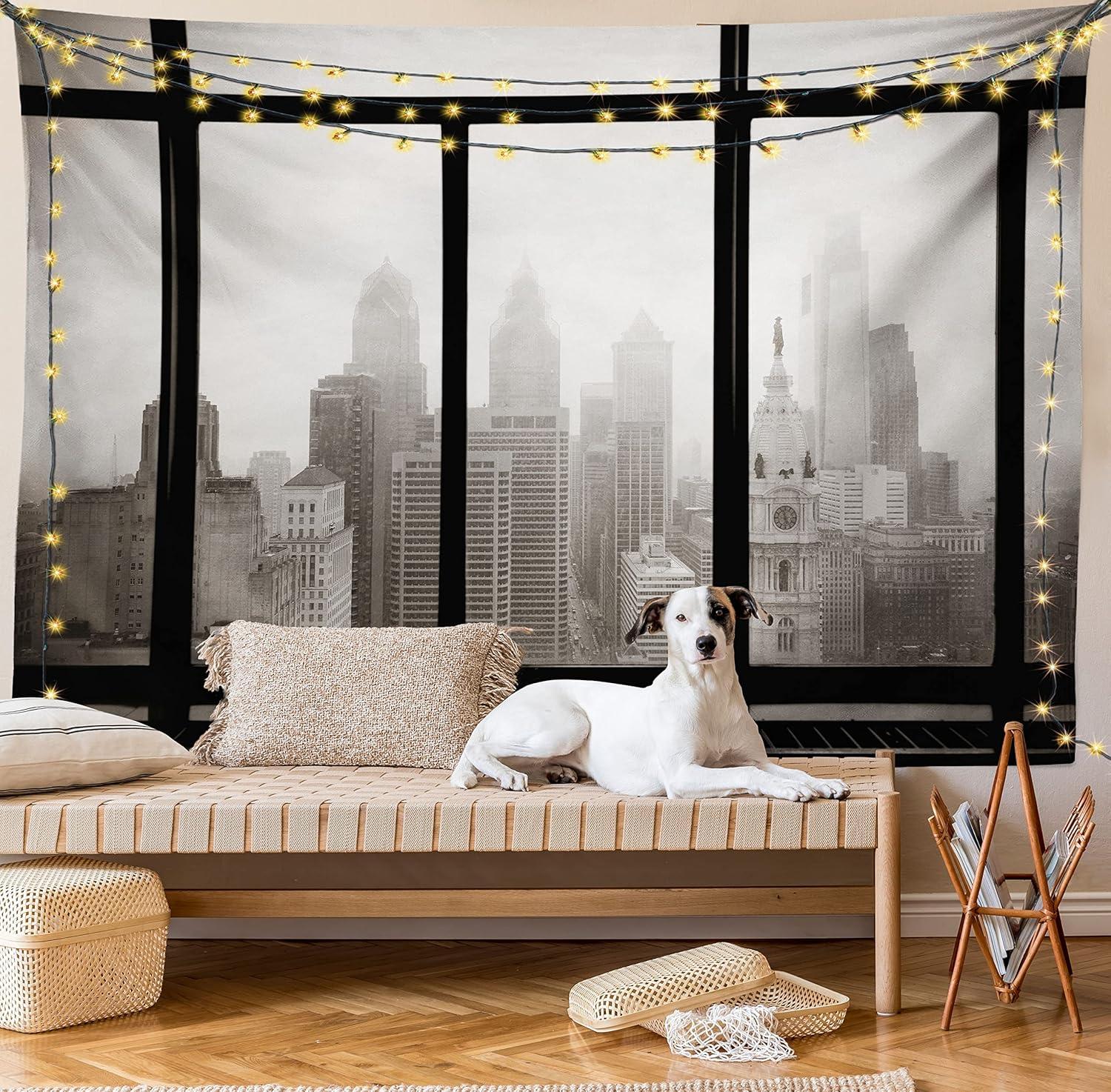 imageAmbesonne City Tapestry Philadelphia City Rooftop View Through Window Skyline Landmark Rooftop Travel Wide Wall Hanging for Bedroom Living Room Dorm 60 X 40 Grey Black