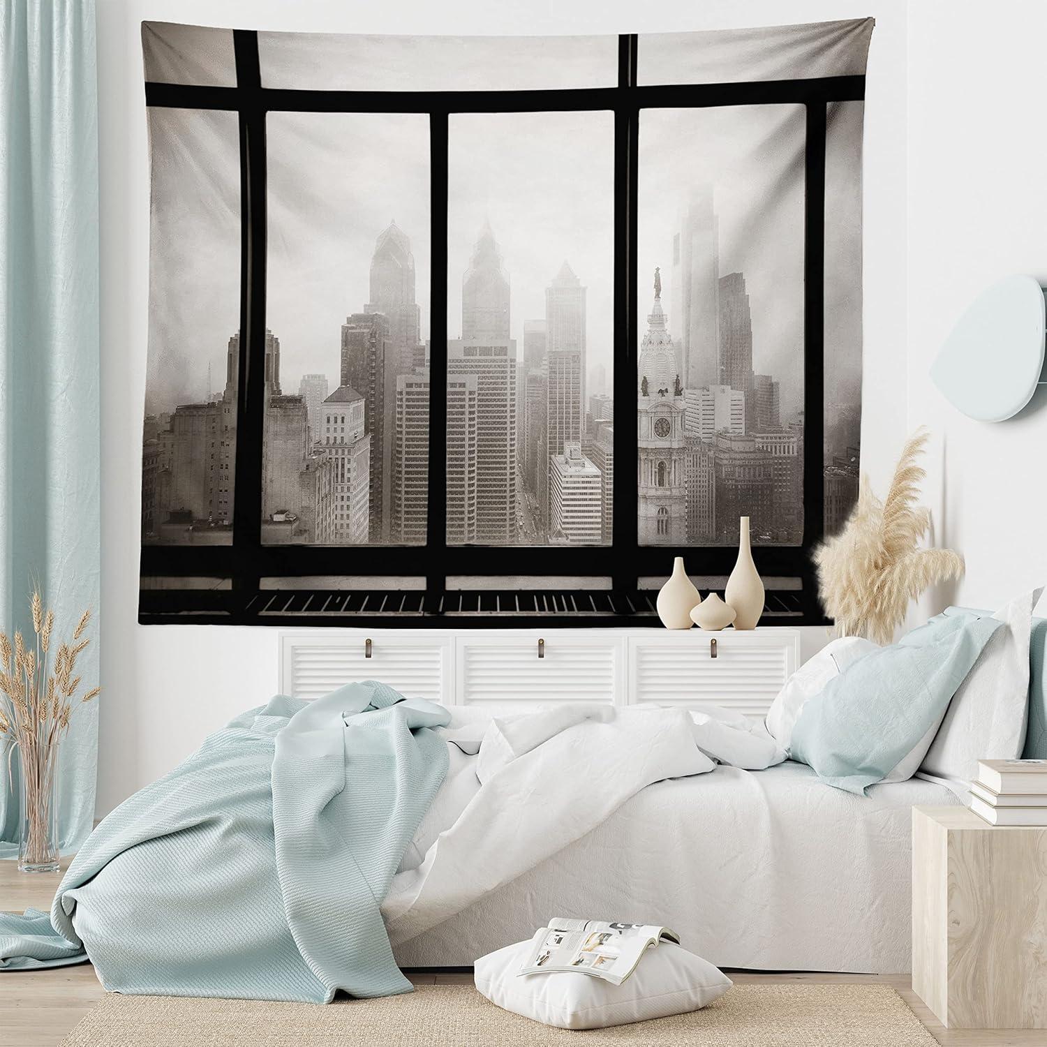 imageAmbesonne City Tapestry Philadelphia City Rooftop View Through Window Skyline Landmark Rooftop Travel Wide Wall Hanging for Bedroom Living Room Dorm 60 X 40 Grey Black