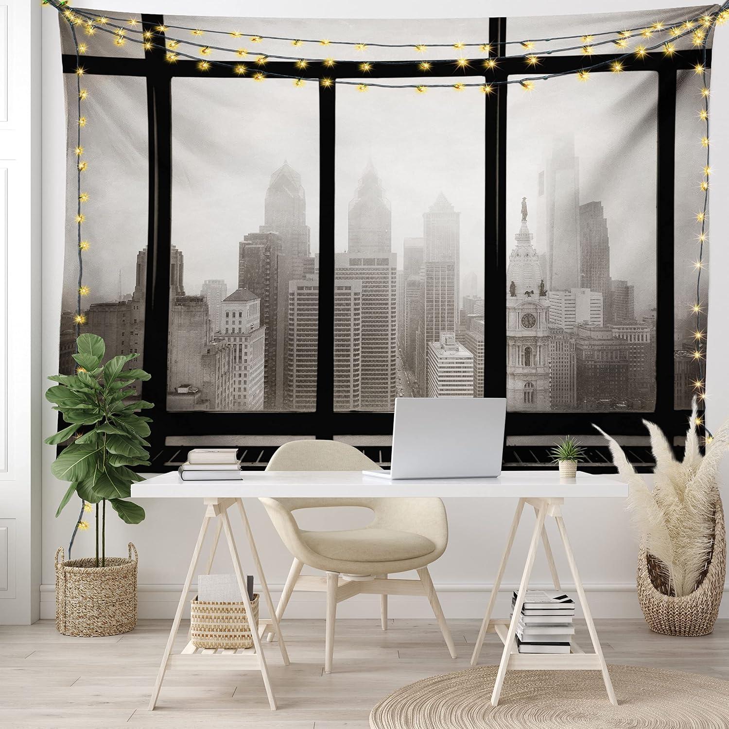 imageAmbesonne City Tapestry Philadelphia City Rooftop View Through Window Skyline Landmark Rooftop Travel Wide Wall Hanging for Bedroom Living Room Dorm 60 X 40 Grey Black