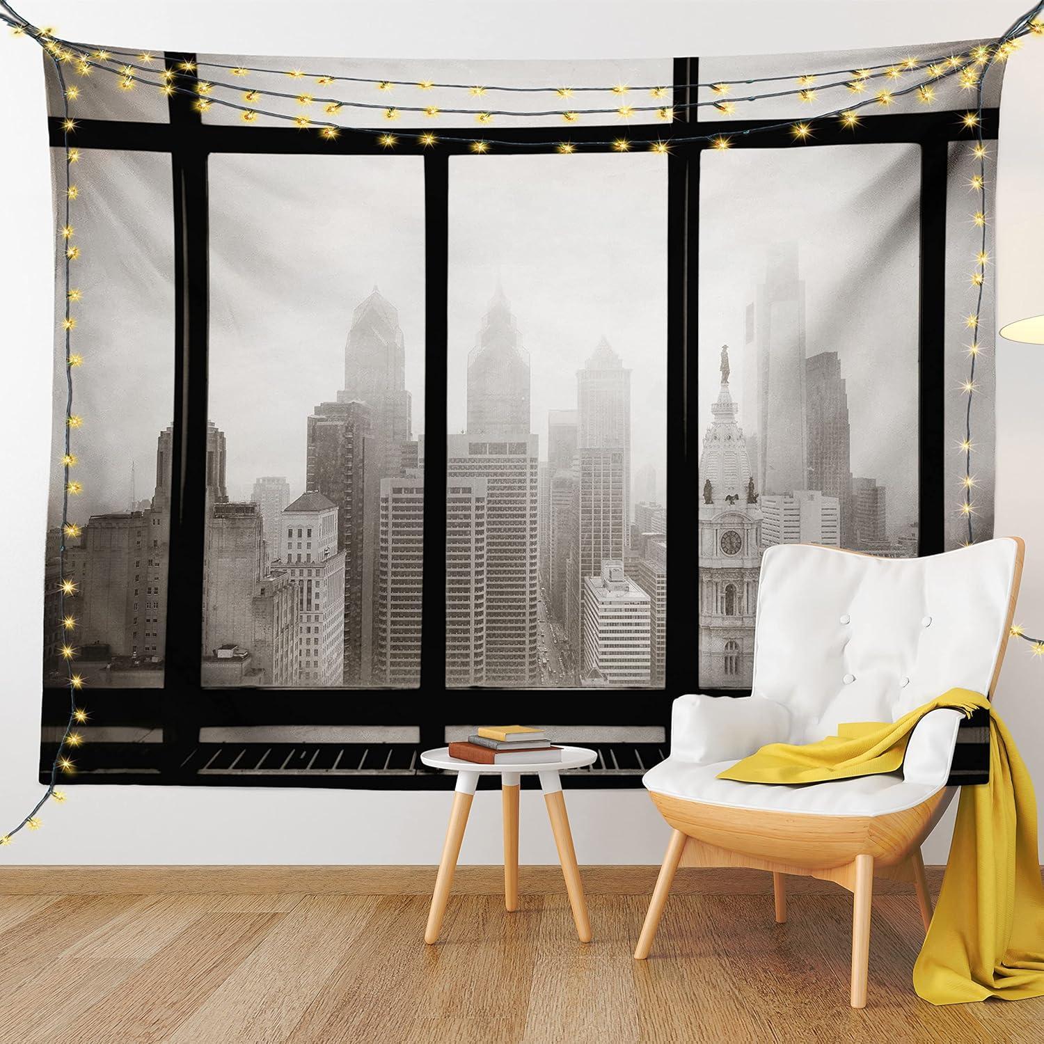 imageAmbesonne City Tapestry Philadelphia City Rooftop View Through Window Skyline Landmark Rooftop Travel Wide Wall Hanging for Bedroom Living Room Dorm 60 X 40 Grey Black