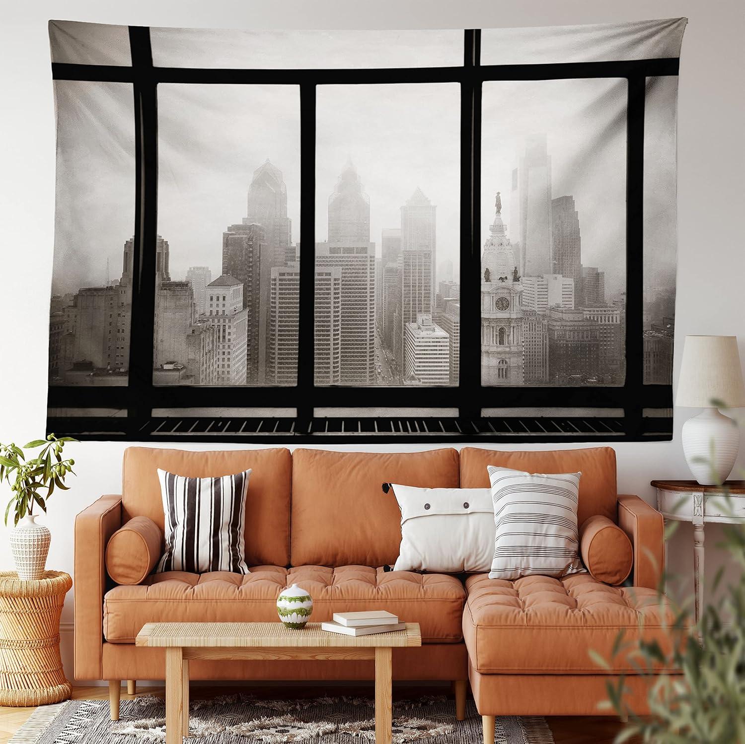 imageAmbesonne City Tapestry Philadelphia City Rooftop View Through Window Skyline Landmark Rooftop Travel Wide Wall Hanging for Bedroom Living Room Dorm 60 X 40 Grey Black