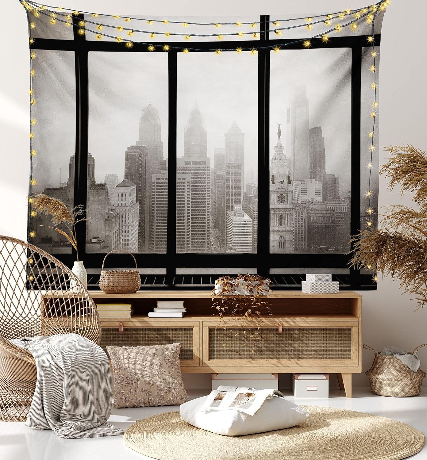 imageAmbesonne City Tapestry Philadelphia City Rooftop View Through Window Skyline Landmark Rooftop Travel Wide Wall Hanging for Bedroom Living Room Dorm 60 X 40 Grey Black