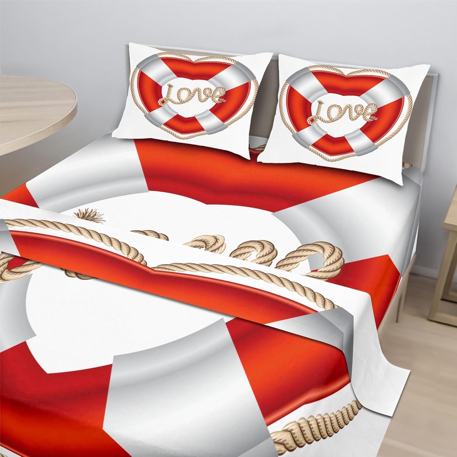 imageAmbesonne Coastal Sheet Set Heart Shaped Belt Valentine Love Affection Honeymoon Romantic Theme Art Fitted and Flat Sheet with Pillowcases Bedding Accent 4 Piece Set King Orange White Cream