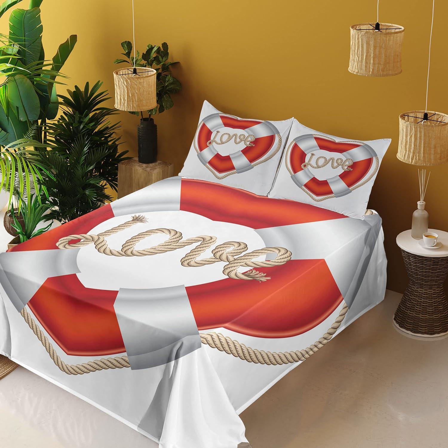 imageAmbesonne Coastal Sheet Set Heart Shaped Belt Valentine Love Affection Honeymoon Romantic Theme Art Fitted and Flat Sheet with Pillowcases Bedding Accent 4 Piece Set King Orange White Cream
