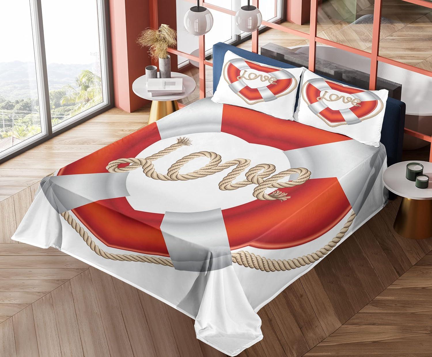 imageAmbesonne Coastal Sheet Set Heart Shaped Belt Valentine Love Affection Honeymoon Romantic Theme Art Fitted and Flat Sheet with Pillowcases Bedding Accent 4 Piece Set King Orange White Cream