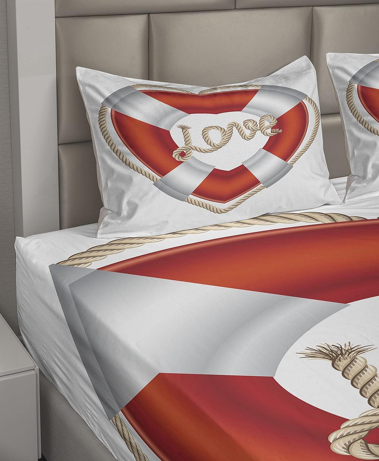 imageAmbesonne Coastal Sheet Set Heart Shaped Belt Valentine Love Affection Honeymoon Romantic Theme Art Fitted and Flat Sheet with Pillowcases Bedding Accent 4 Piece Set King Orange White Cream