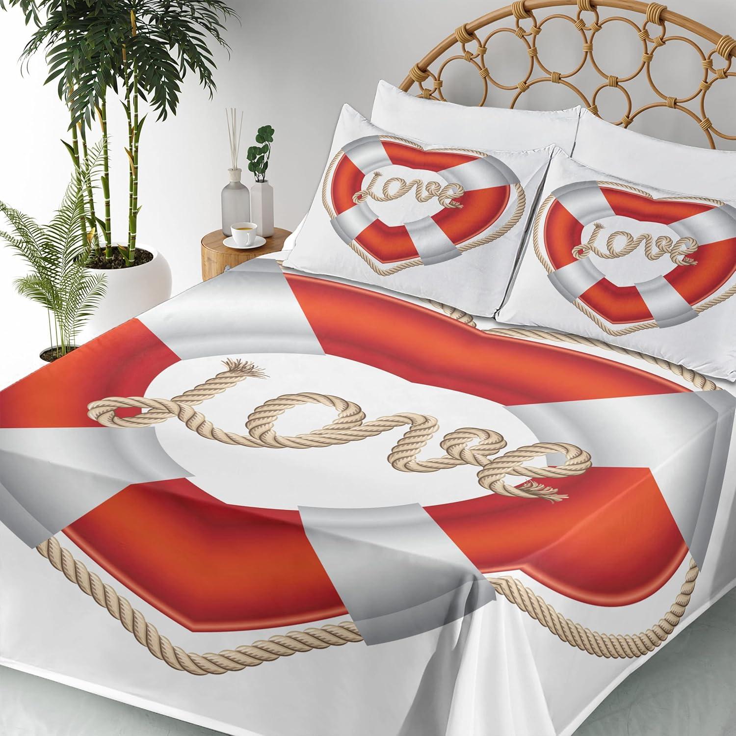 imageAmbesonne Coastal Sheet Set Heart Shaped Belt Valentine Love Affection Honeymoon Romantic Theme Art Fitted and Flat Sheet with Pillowcases Bedding Accent 4 Piece Set King Orange White Cream