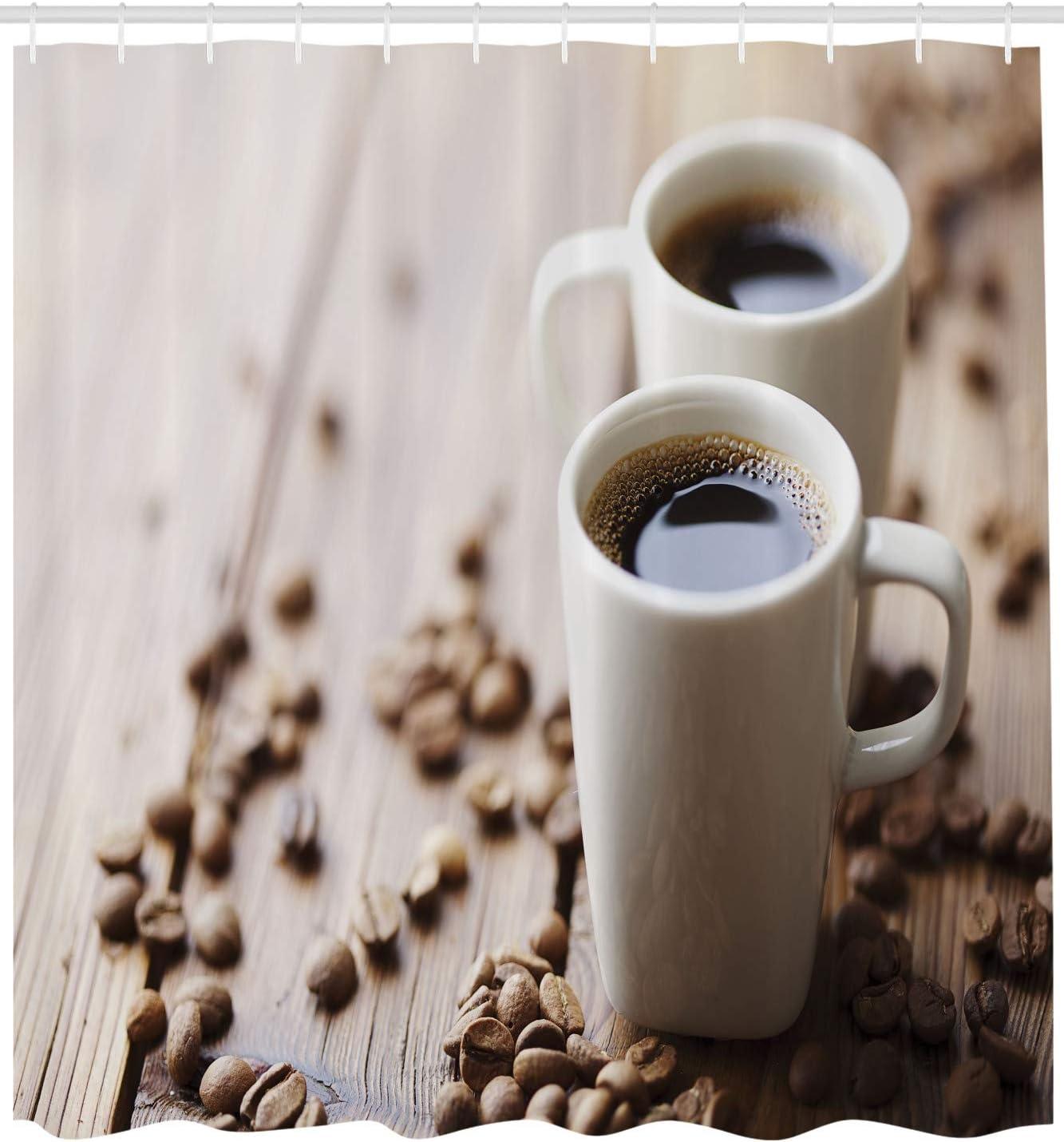 imageAmbesonne Coffee Shower Curtain Espresso in Cups on Wooden Table with Beans Hot Drink for Romantic Couples Cloth Fabric Bathroom Decor Set with Hooks 69 W x 70 L Cocoa Brown White