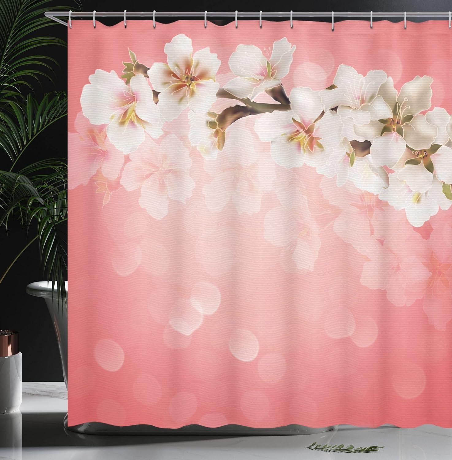 imageAmbesonne Coral Shower Curtain Blossoming Tree Branch Japanese Cherry Sakura Fresh Spring Garden Romantic Cloth Fabric Bathroom Decor Set with Hooks 69 W x 70 L Coral Green White