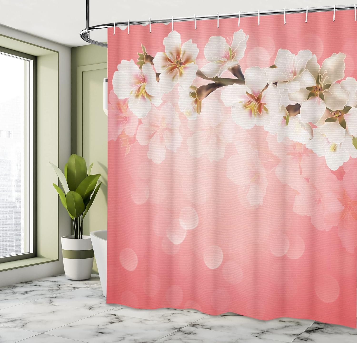 imageAmbesonne Coral Shower Curtain Blossoming Tree Branch Japanese Cherry Sakura Fresh Spring Garden Romantic Cloth Fabric Bathroom Decor Set with Hooks 69 W x 70 L Coral Green White