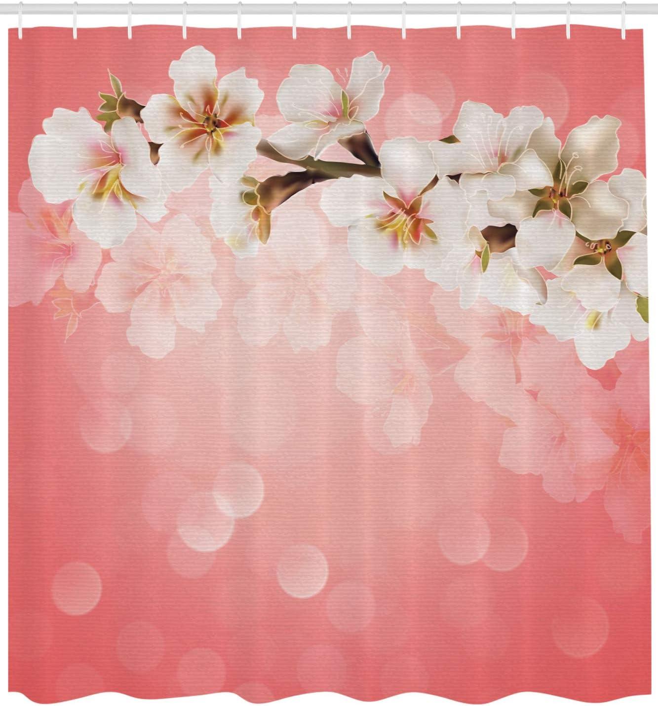 imageAmbesonne Coral Shower Curtain Blossoming Tree Branch Japanese Cherry Sakura Fresh Spring Garden Romantic Cloth Fabric Bathroom Decor Set with Hooks 69 W x 84 L Coral Green White