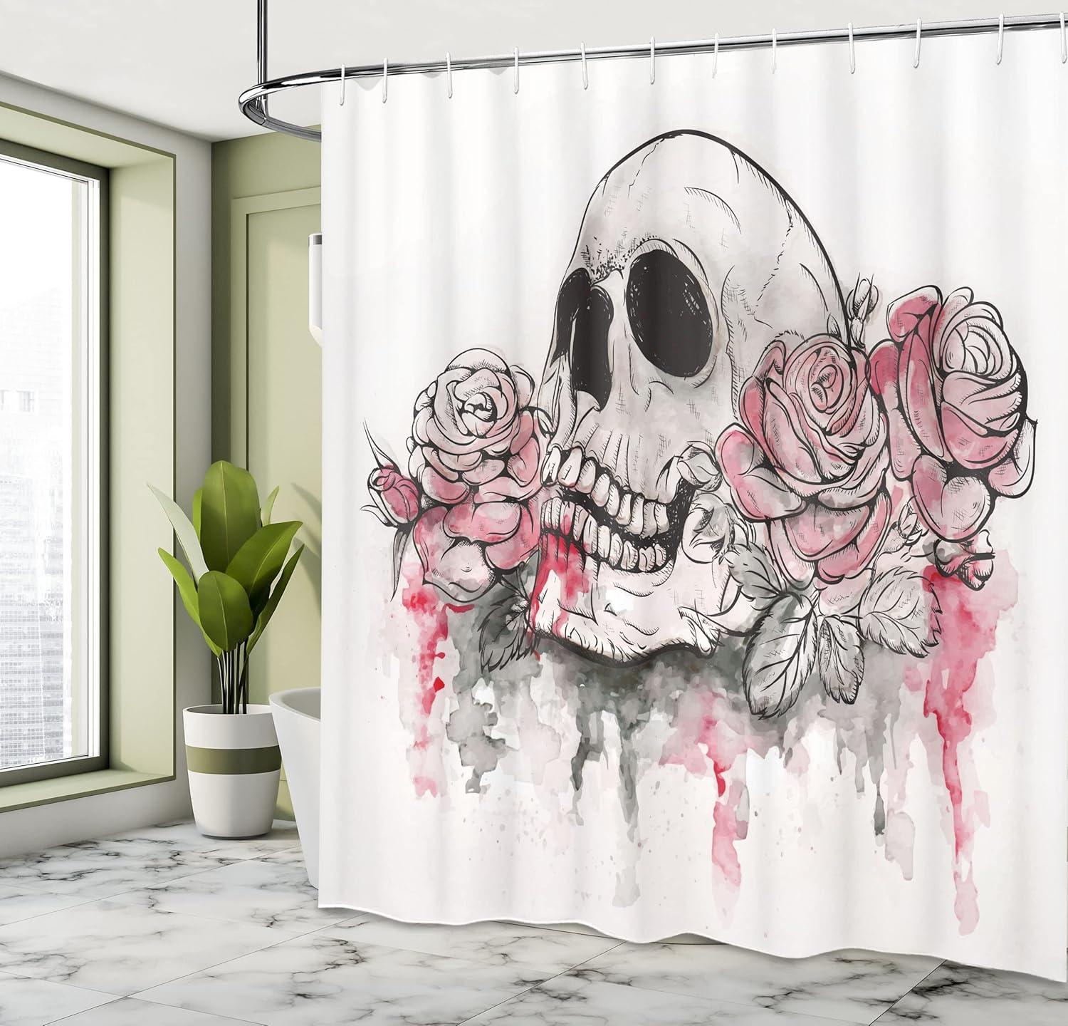 imageAmbesonne Day of The Dead Shower Curtain Print Skull Shape Romantic Roses Celebration Day Print Cloth Fabric Bathroom Decor Set with Hooks 69 W x 70 L White Pale Pink Black