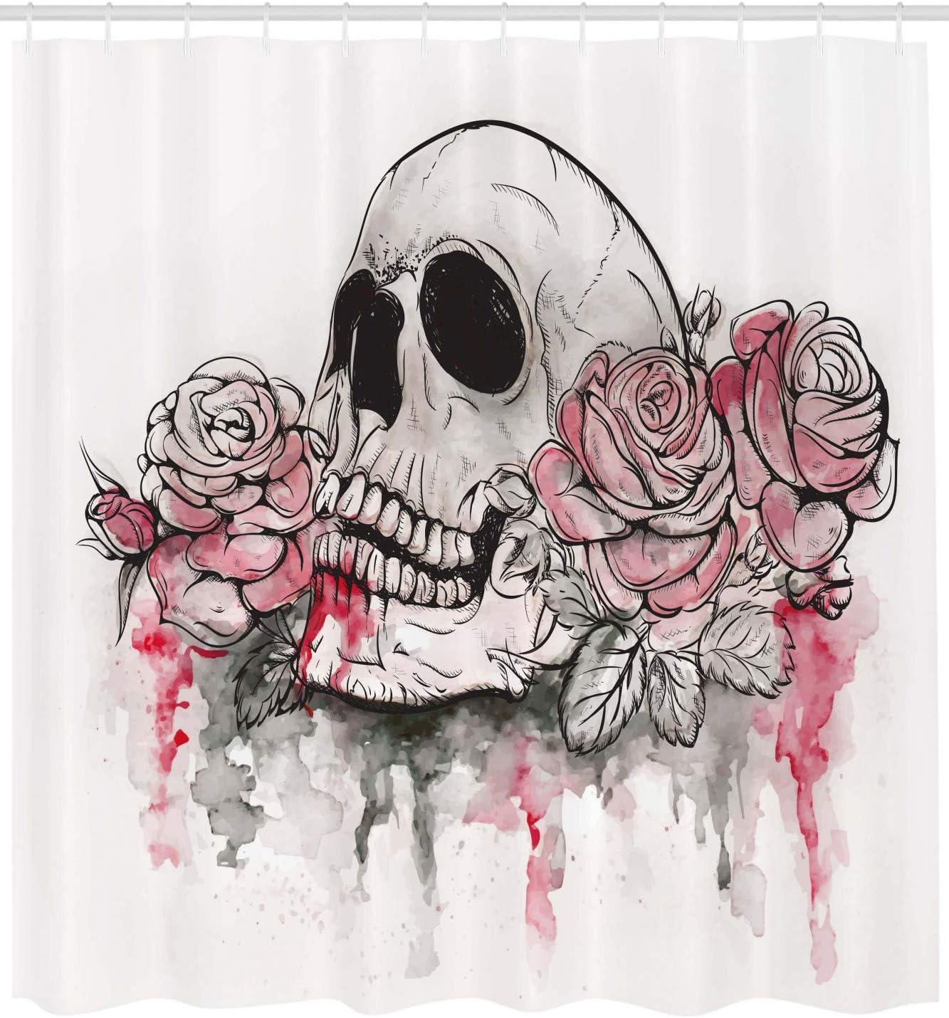 imageAmbesonne Day of The Dead Shower Curtain Print Skull Shape Romantic Roses Celebration Day Print Cloth Fabric Bathroom Decor Set with Hooks 69 W x 70 L White Pale Pink Black