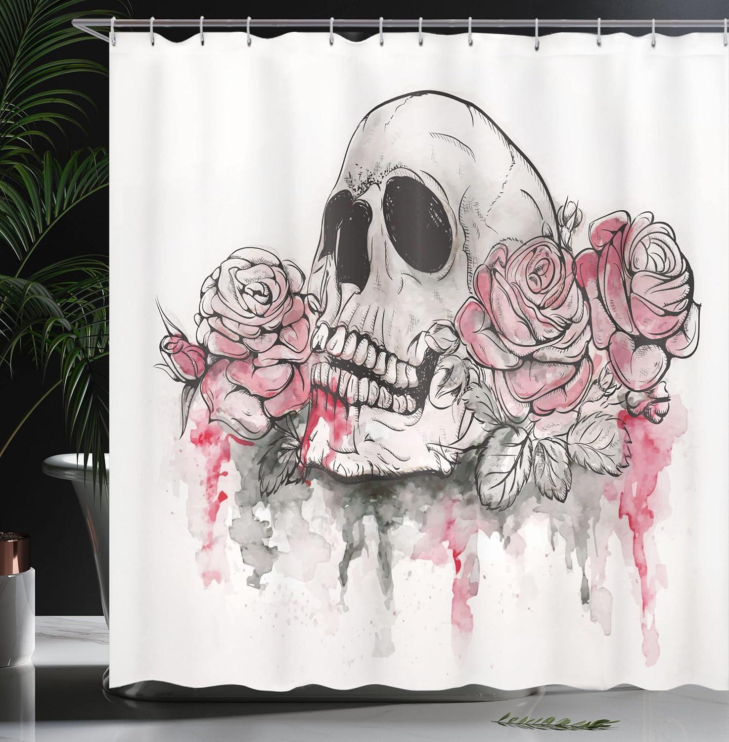 imageAmbesonne Day of The Dead Shower Curtain Print Skull Shape Romantic Roses Celebration Day Print Cloth Fabric Bathroom Decor Set with Hooks 69 W x 70 L White Pale Pink Black