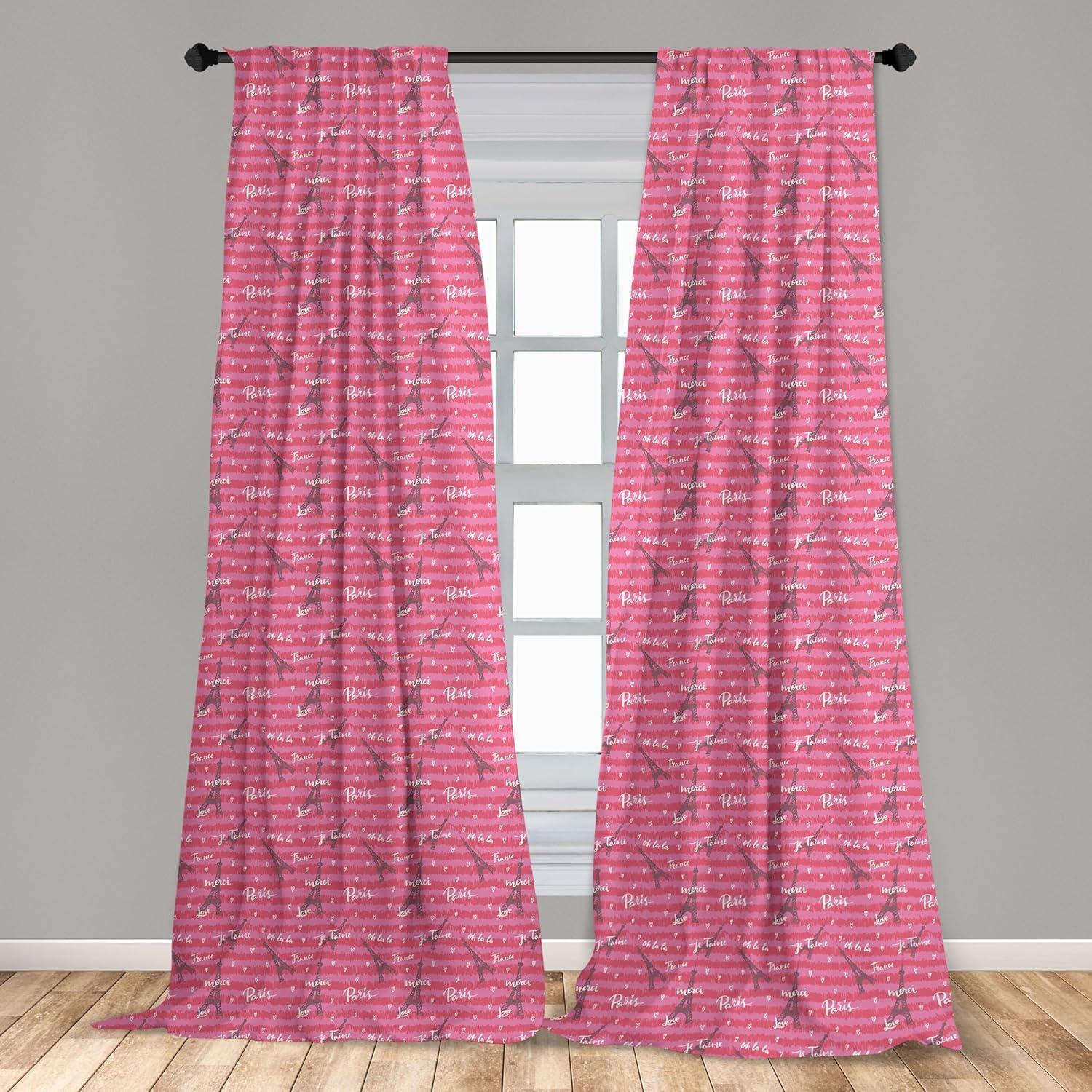 imageAmbesonne Eiffel Curtains Valentines Day Inspired Pattern with France Paris Oh La La Texts Heart Shapes Window Treatments 2 Panel Set for Living Room Bedroom Pair of 28 x 84 Pink White Black