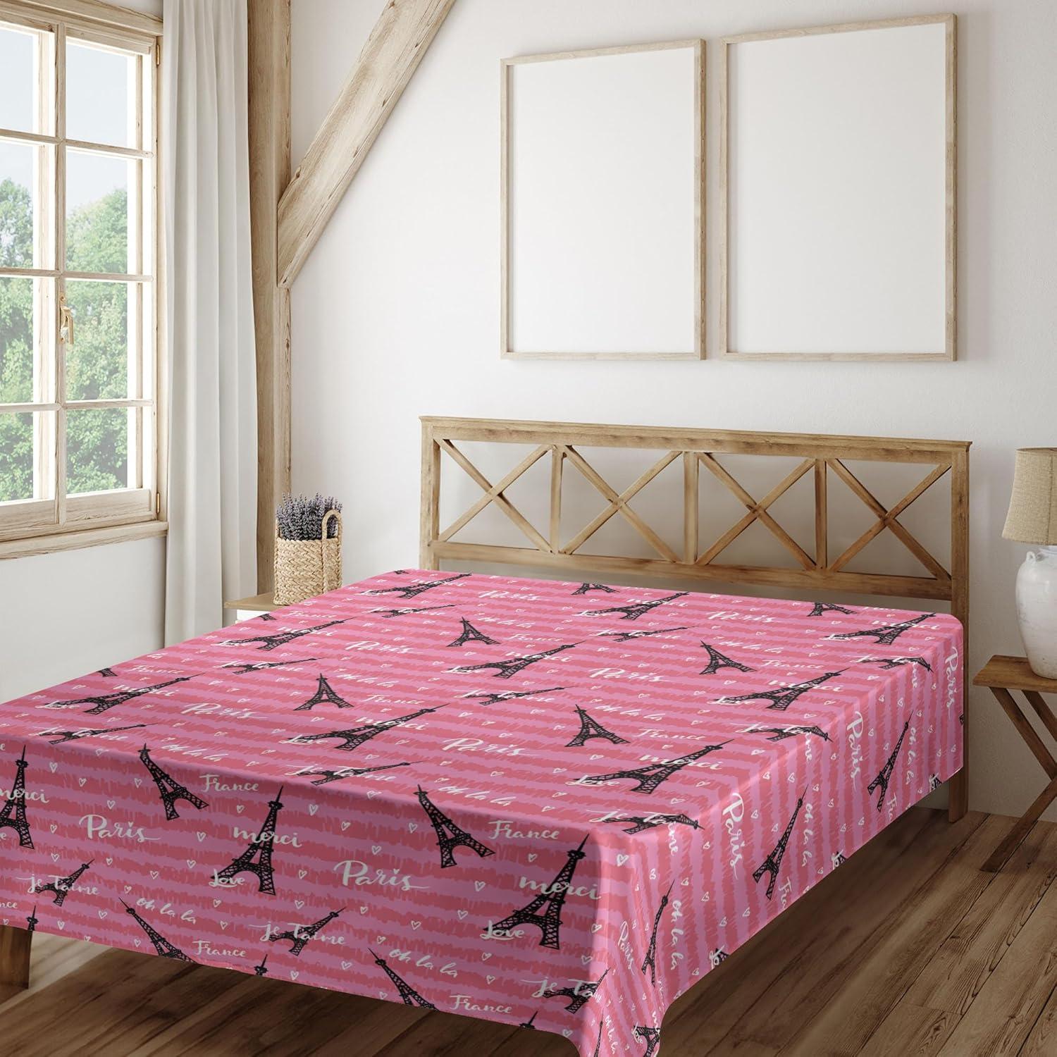imageAmbesonne Eiffel Flat Sheet Valentines Day Inspired Pattern with France Paris Oh La La Texts Heart Shapes Soft Comfortable Top Sheet Decorative Bedding 1 Piece Queen Size Pink White BlackQueen