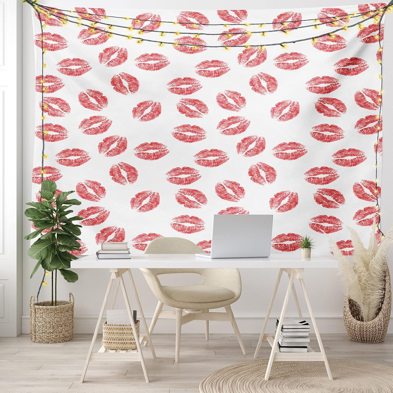imageAmbesonne Feminine Tapestry Pattern of Lipstick Kiss Marks Woman Valentines Wedding Theme Illustration Fabric Wall Hanging Decor for Bedroom Living Room Dorm 23 X 28 White RedBrushed Microfiber Fabric