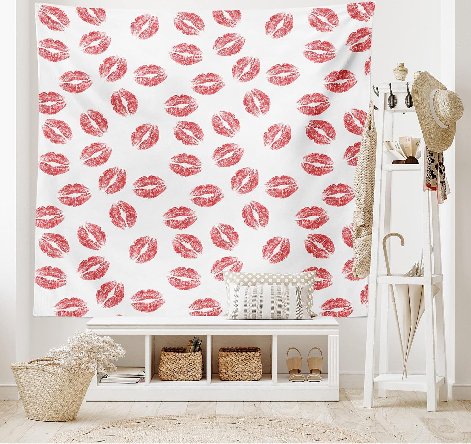 imageAmbesonne Feminine Tapestry Pattern of Lipstick Kiss Marks Woman Valentines Wedding Theme Illustration Fabric Wall Hanging Decor for Bedroom Living Room Dorm 23 X 28 White RedBrushed Microfiber Fabric