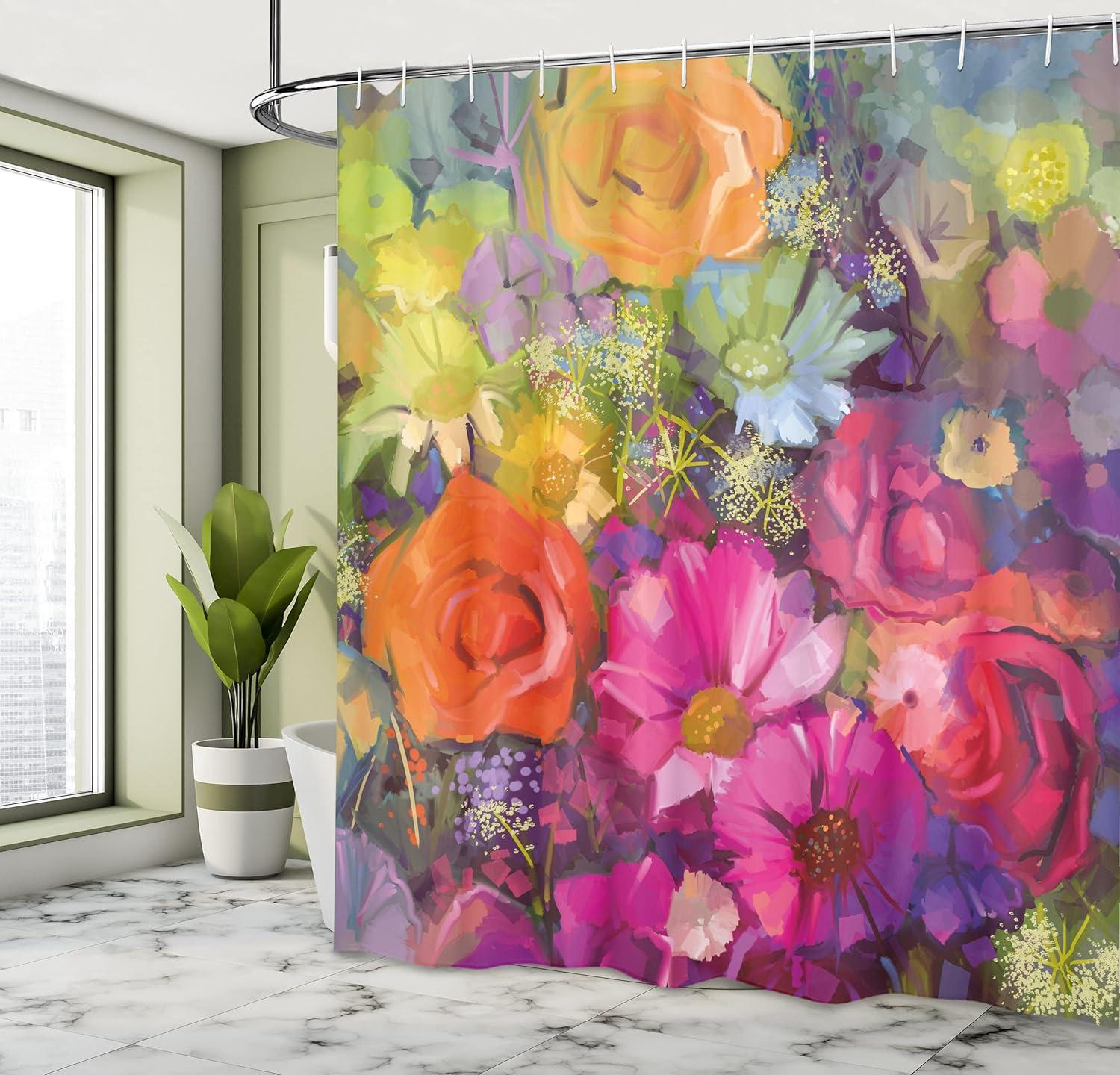imageAmbesonne Floral Shower Curtain Vibrant Flower Bouquet with Daisy Peony Gerbera Petals Romantic Arrangement Print Cloth Fabric Bathroom Decor Set with Hooks 69 W x 84 L Multicolor Orange