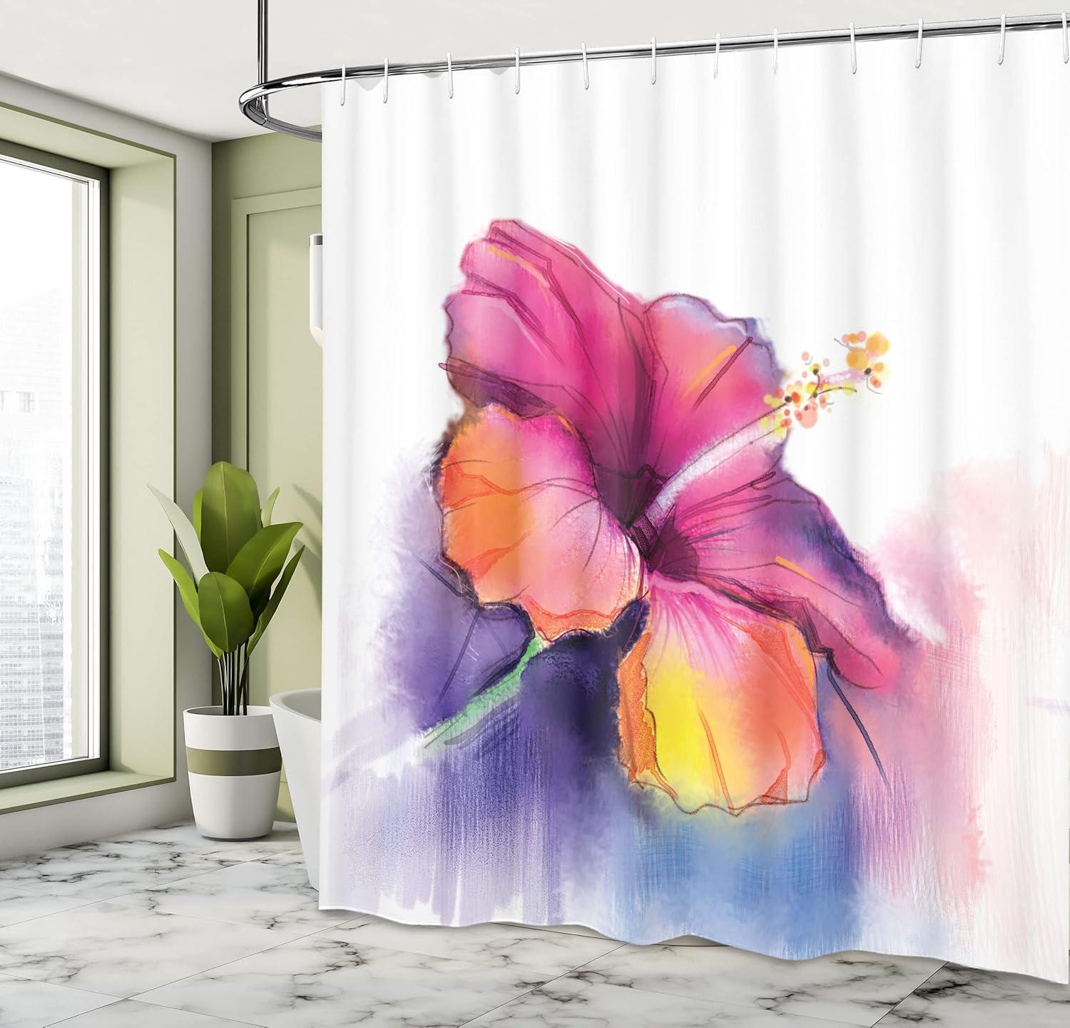 imageAmbesonne Flower Shower Curtain Hibiscus Flower in Pastel Abstract Colorful Romantic Petal Pattern Art Print Cloth Fabric Bathroom Decor Set with Hooks 69 W x 84 L Pink Tones