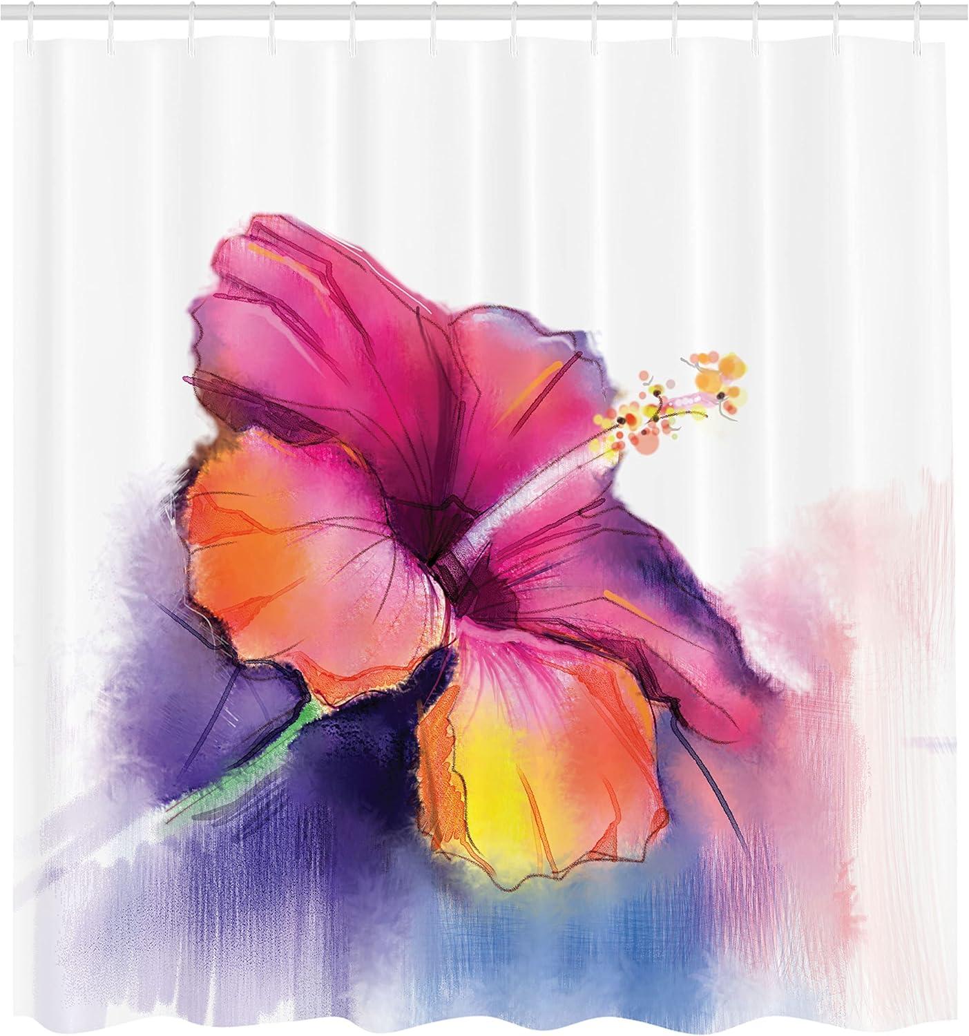 imageAmbesonne Flower Shower Curtain Hibiscus Flower in Pastel Abstract Colorful Romantic Petal Pattern Art Print Cloth Fabric Bathroom Decor Set with Hooks 69 W x 84 L Pink Tones