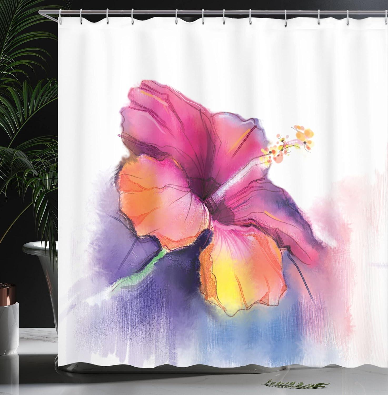 imageAmbesonne Flower Shower Curtain Hibiscus Flower in Pastel Abstract Colorful Romantic Petal Pattern Art Print Cloth Fabric Bathroom Decor Set with Hooks 69 W x 75 L Pink Tones