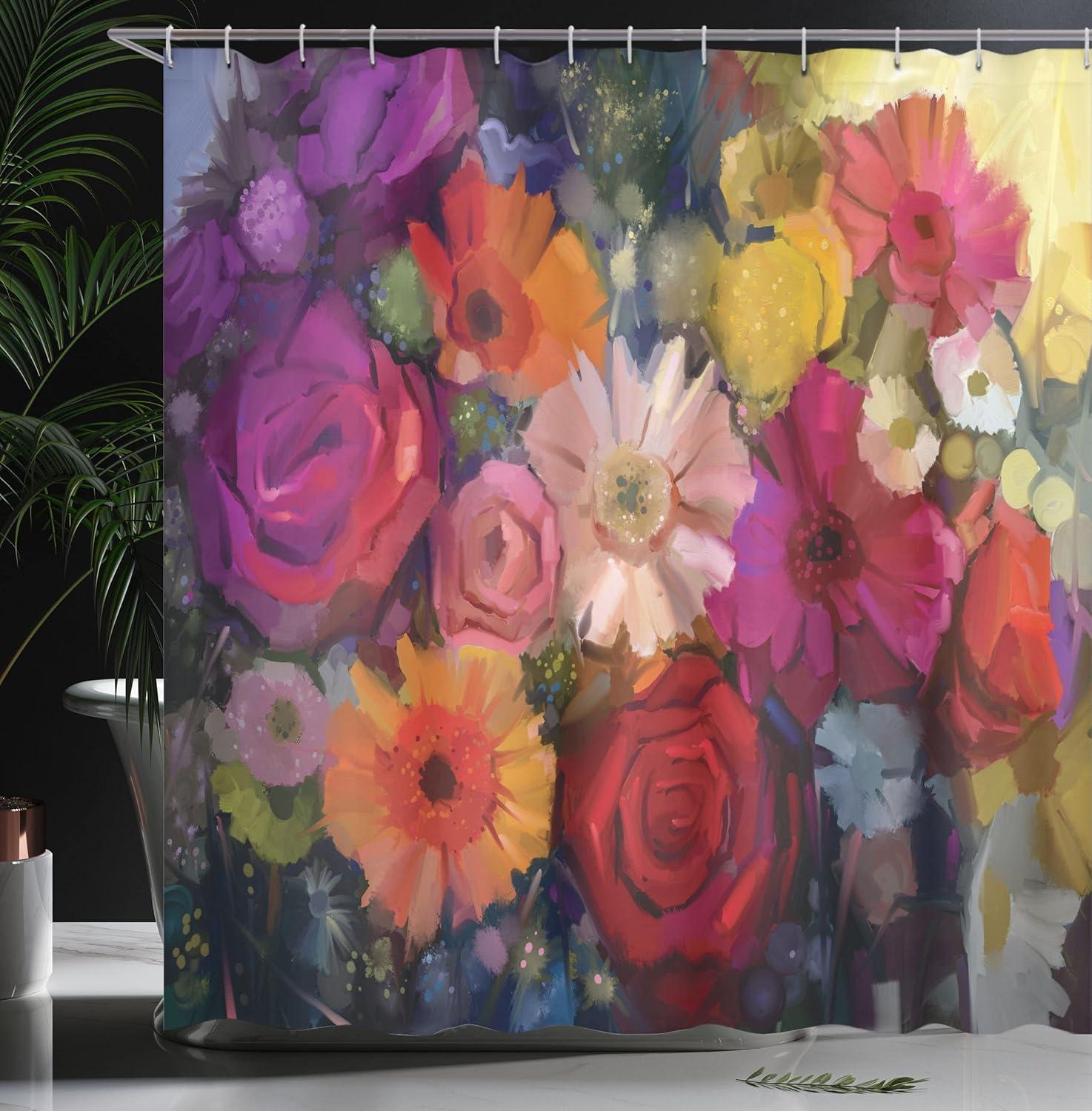 imageAmbesonne Gerbera Shower Curtain Still Life Art Concept Paintbrush Blossoms Colorful Design Romantic Feminine Cloth Fabric Bathroom Decor Set with Hooks 69 W x 84 L Magenta Red