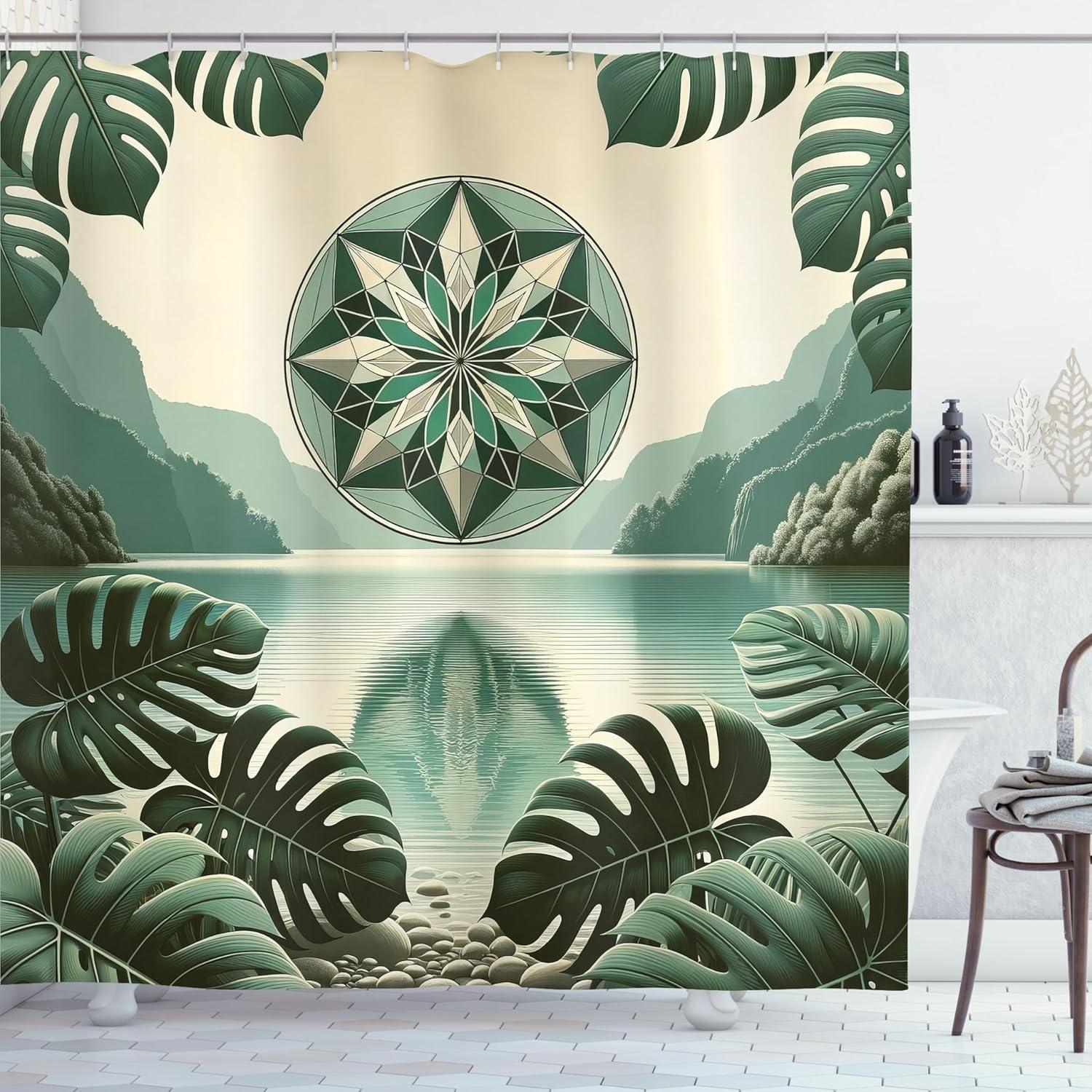 imageAmbesonne Green Shower Curtain Delicate Floral Huddle with Leaves Bohemian Romantic Concept Sage Tones Cloth Fabric Bathroom Decor Set with Hooks 69 W x 70 L Jade Green Pale EggshellCream Reseda Green
