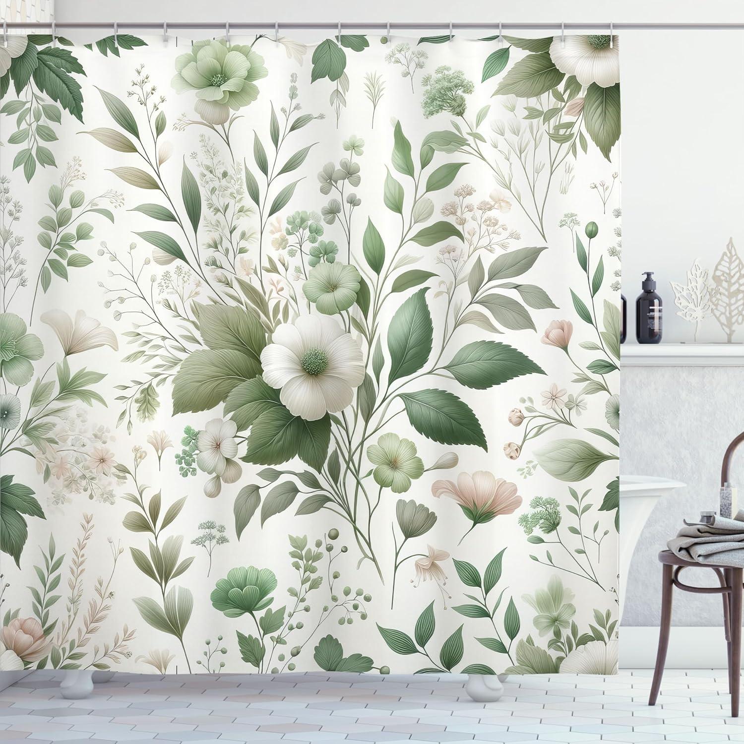 imageAmbesonne Green Shower Curtain Delicate Floral Huddle with Leaves Bohemian Romantic Concept Sage Tones Cloth Fabric Bathroom Decor Set with Hooks 69 W x 70 L Jade Green Pale EggshellReseda Green Coconut