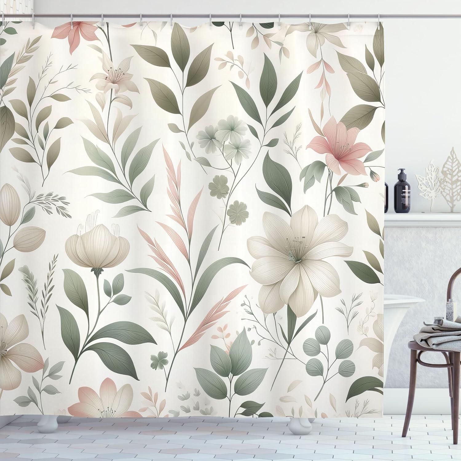imageAmbesonne Green Shower Curtain Delicate Floral Huddle with Leaves Bohemian Romantic Concept Sage Tones Cloth Fabric Bathroom Decor Set with Hooks 69 W x 70 L Jade Green Pale EggshellEggshell Dark Sea Green