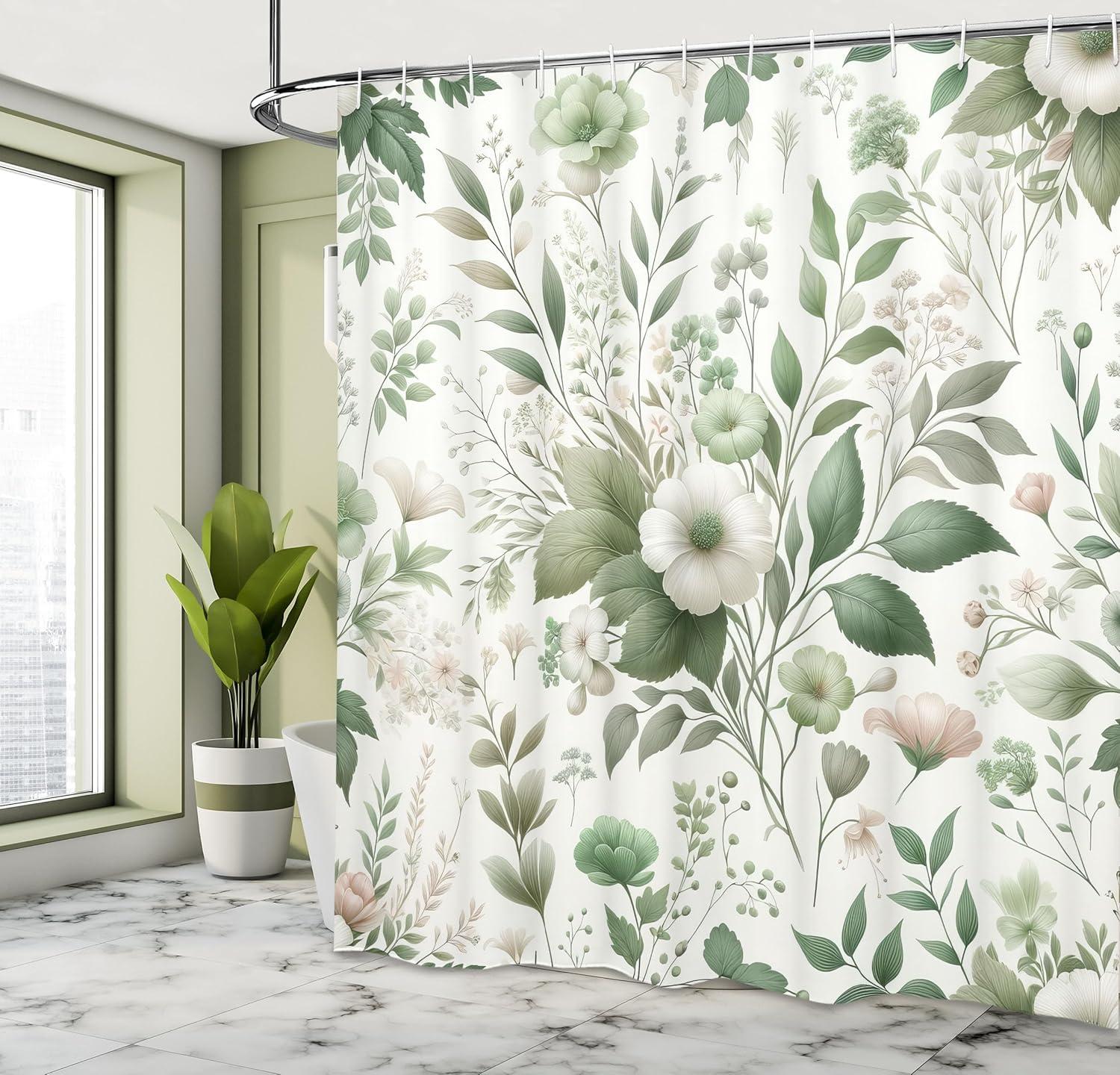 imageAmbesonne Green Shower Curtain Delicate Floral Huddle with Leaves Bohemian Romantic Concept Sage Tones Cloth Fabric Bathroom Decor Set with Hooks 69 W x 70 L Jade Green Pale EggshellReseda Green Coconut