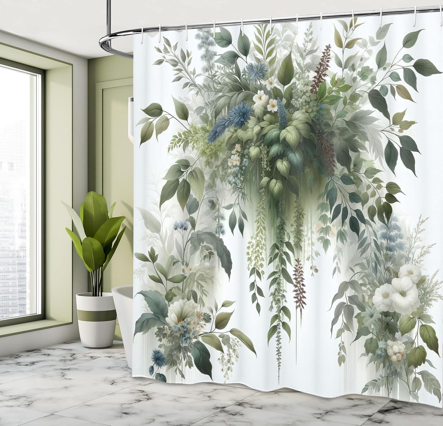 imageAmbesonne Green Shower Curtain Delicate Floral Huddle with Leaves Bohemian Romantic Concept Sage Tones Cloth Fabric Bathroom Decor Set with Hooks 69 W x 70 L Jade Green Pale EggshellPale Green White Pearl
