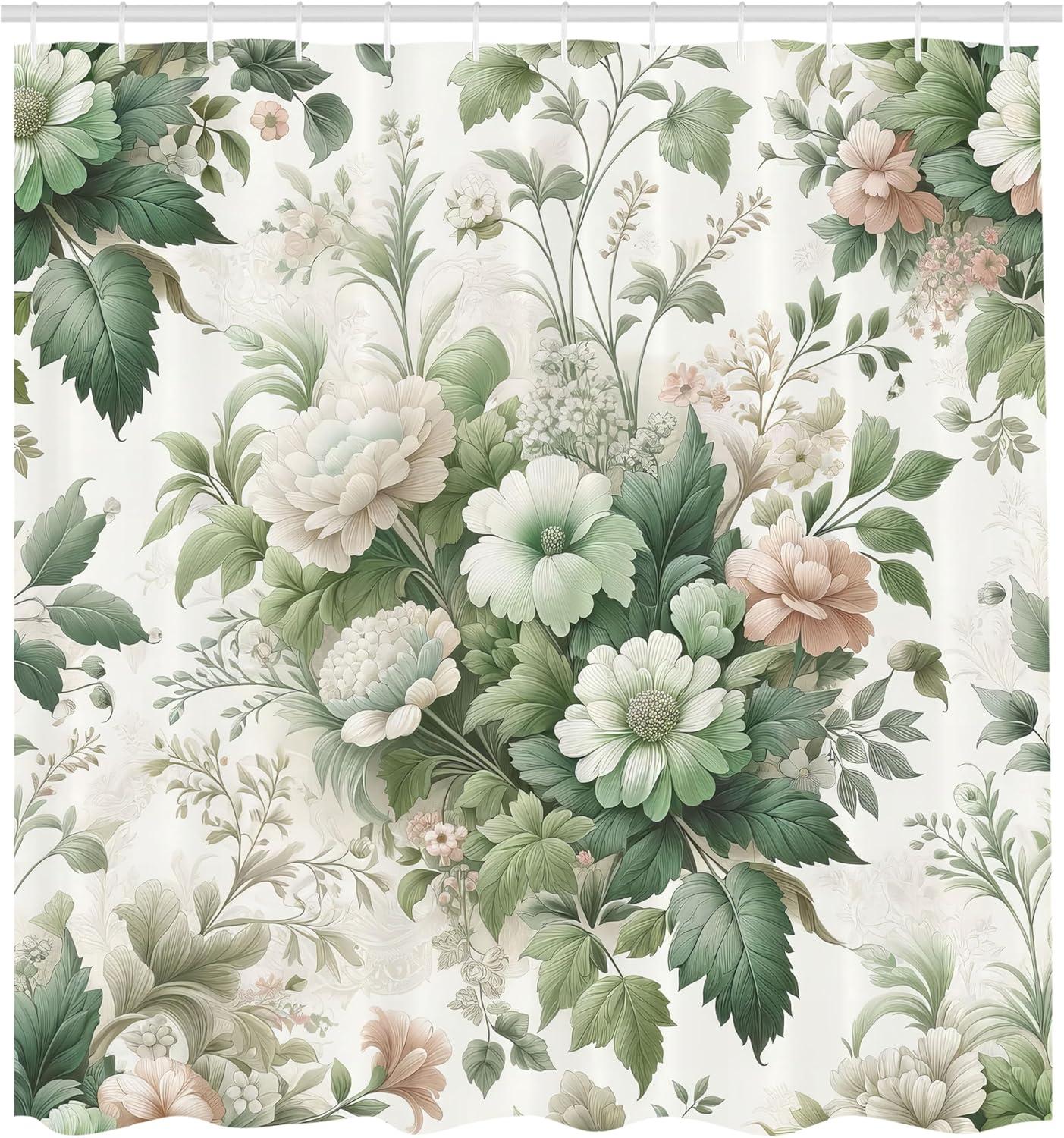 imageAmbesonne Green Shower Curtain Delicate Floral Huddle with Leaves Bohemian Romantic Concept Sage Tones Cloth Fabric Bathroom Decor Set with Hooks 69 W x 70 L Jade Green Pale EggshellJade Green Pale Eggshell