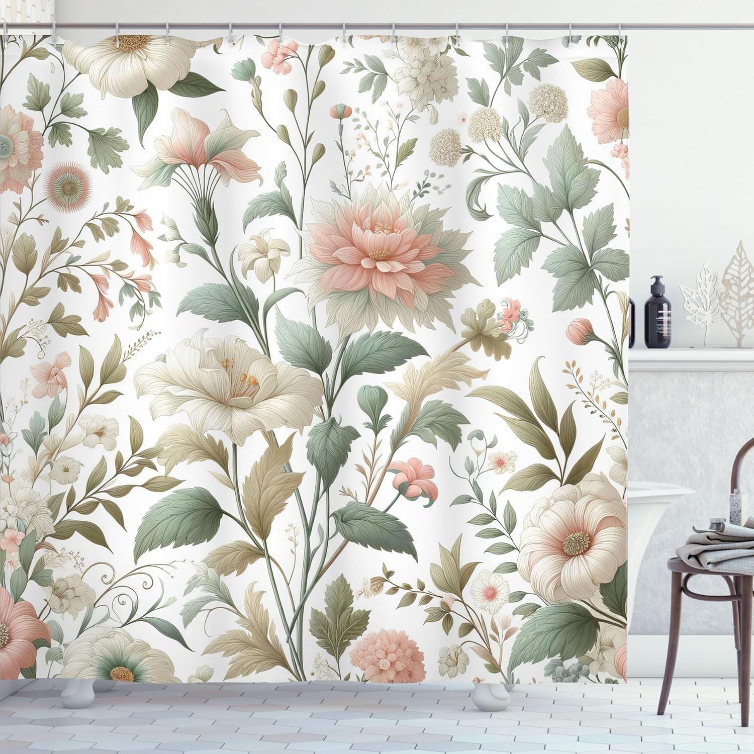 imageAmbesonne Green Shower Curtain Delicate Floral Huddle with Leaves Bohemian Romantic Concept Sage Tones Cloth Fabric Bathroom Decor Set with Hooks 69 W x 70 L Jade Green Pale EggshellPale Salmon Cadet Blue
