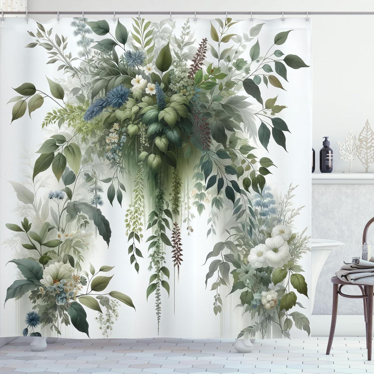 imageAmbesonne Green Shower Curtain Delicate Floral Huddle with Leaves Bohemian Romantic Concept Sage Tones Cloth Fabric Bathroom Decor Set with Hooks 69 W x 70 L Jade Green Pale EggshellPale Green White Pearl