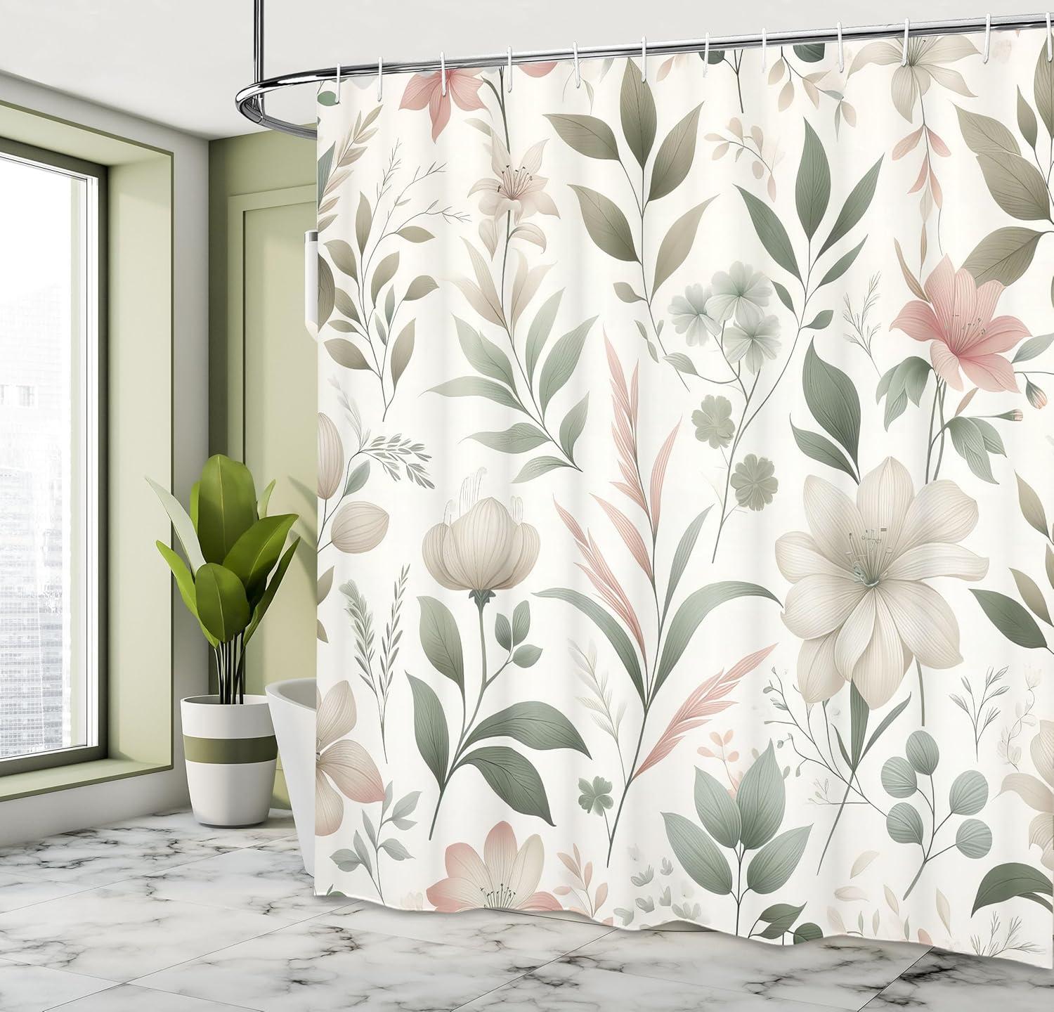 imageAmbesonne Green Shower Curtain Delicate Floral Huddle with Leaves Bohemian Romantic Concept Sage Tones Cloth Fabric Bathroom Decor Set with Hooks 69 W x 70 L Jade Green Pale EggshellEggshell Dark Sea Green