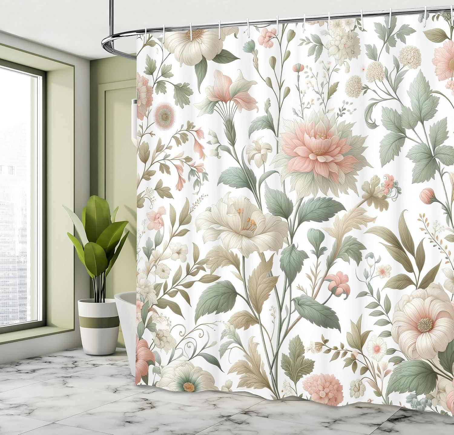 imageAmbesonne Green Shower Curtain Delicate Floral Huddle with Leaves Bohemian Romantic Concept Sage Tones Cloth Fabric Bathroom Decor Set with Hooks 69 W x 70 L Jade Green Pale EggshellPale Salmon Cadet Blue