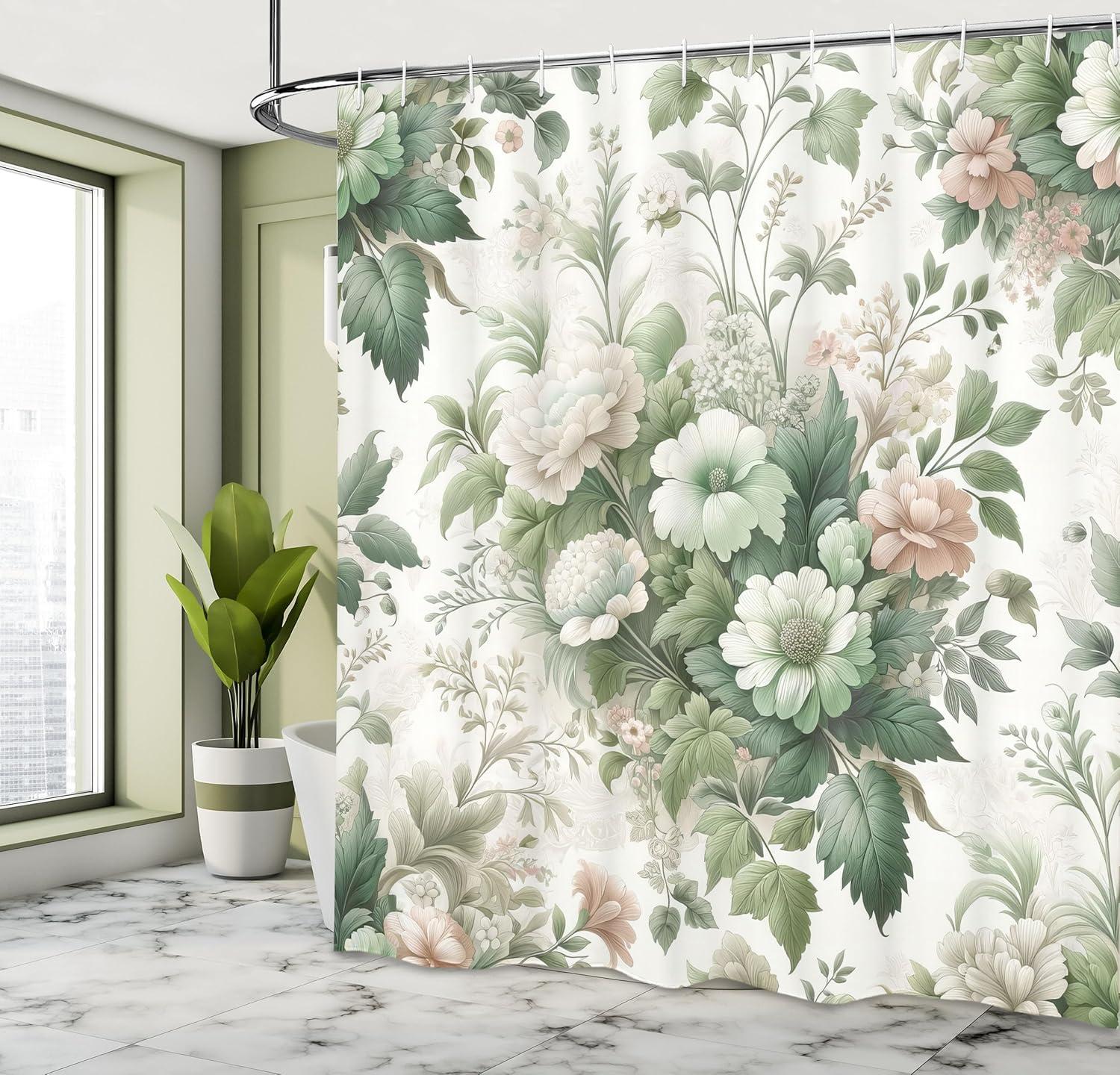 imageAmbesonne Green Shower Curtain Delicate Floral Huddle with Leaves Bohemian Romantic Concept Sage Tones Cloth Fabric Bathroom Decor Set with Hooks 69 W x 70 L Jade Green Pale EggshellJade Green Pale Eggshell