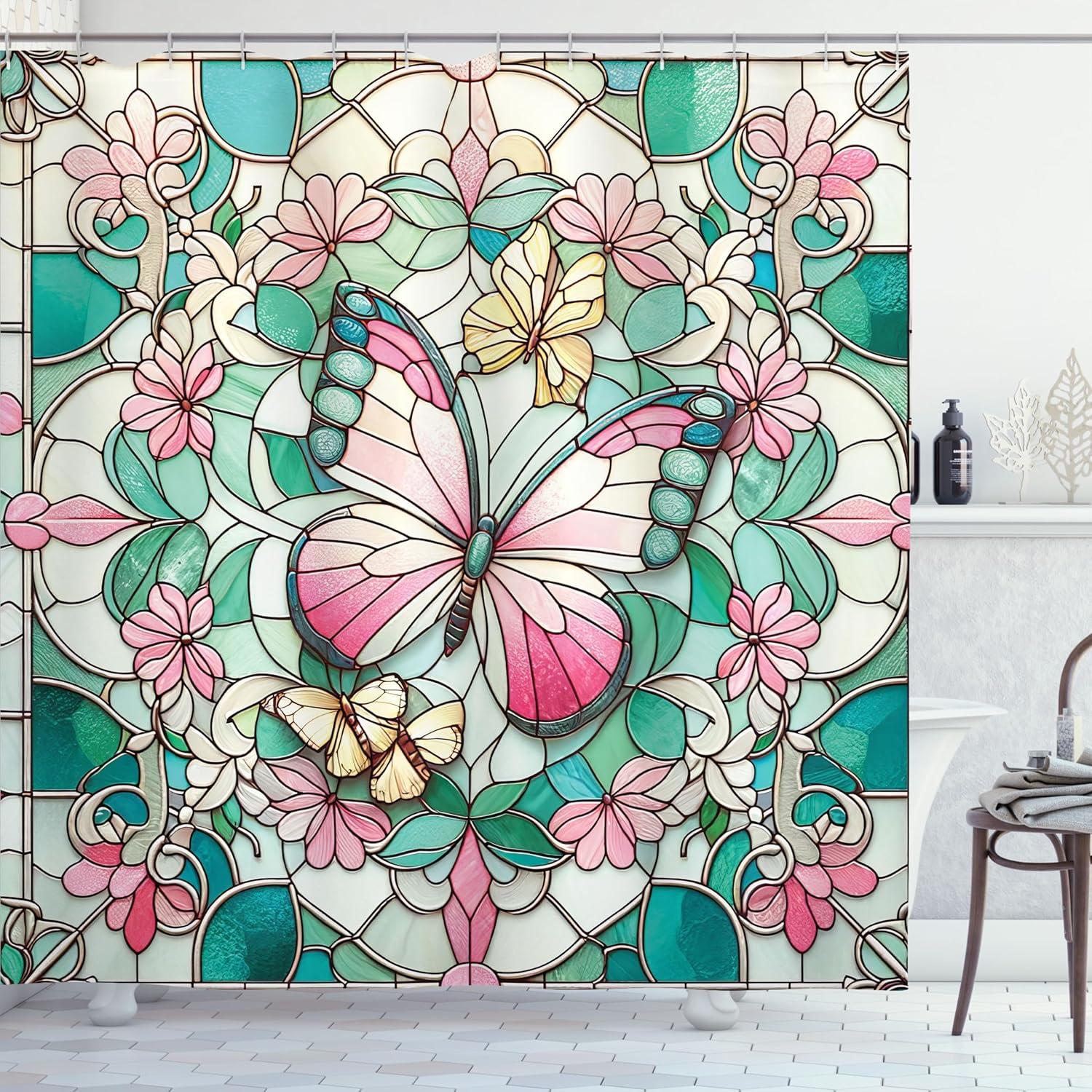 imageAmbesonne Green Shower Curtain Delicate Floral Huddle with Leaves Bohemian Romantic Concept Sage Tones Cloth Fabric Bathroom Decor Set with Hooks 69 W x 70 L Jade Green Pale EggshellTeal Pink and Ivory