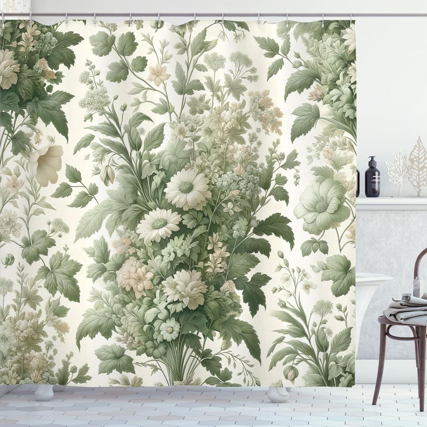 imageAmbesonne Green Shower Curtain Delicate Floral Huddle with Leaves Bohemian Romantic Concept Sage Tones Cloth Fabric Bathroom Decor Set with Hooks 69 W x 70 L Jade Green Pale EggshellGrey Yellow Laurel Green