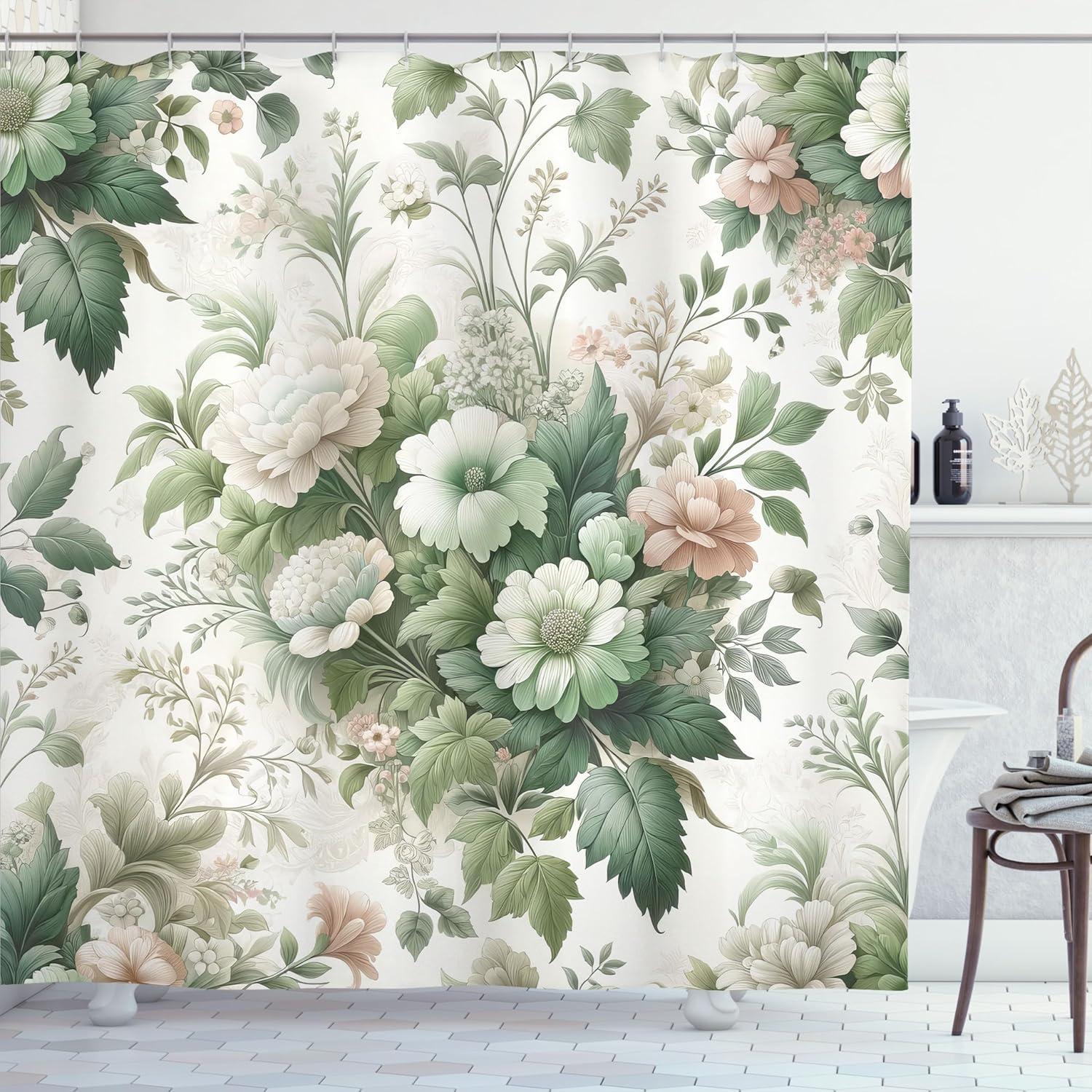 imageAmbesonne Green Shower Curtain Delicate Floral Huddle with Leaves Bohemian Romantic Concept Sage Tones Cloth Fabric Bathroom Decor Set with Hooks 69 W x 70 L Jade Green Pale EggshellJade Green Pale Eggshell