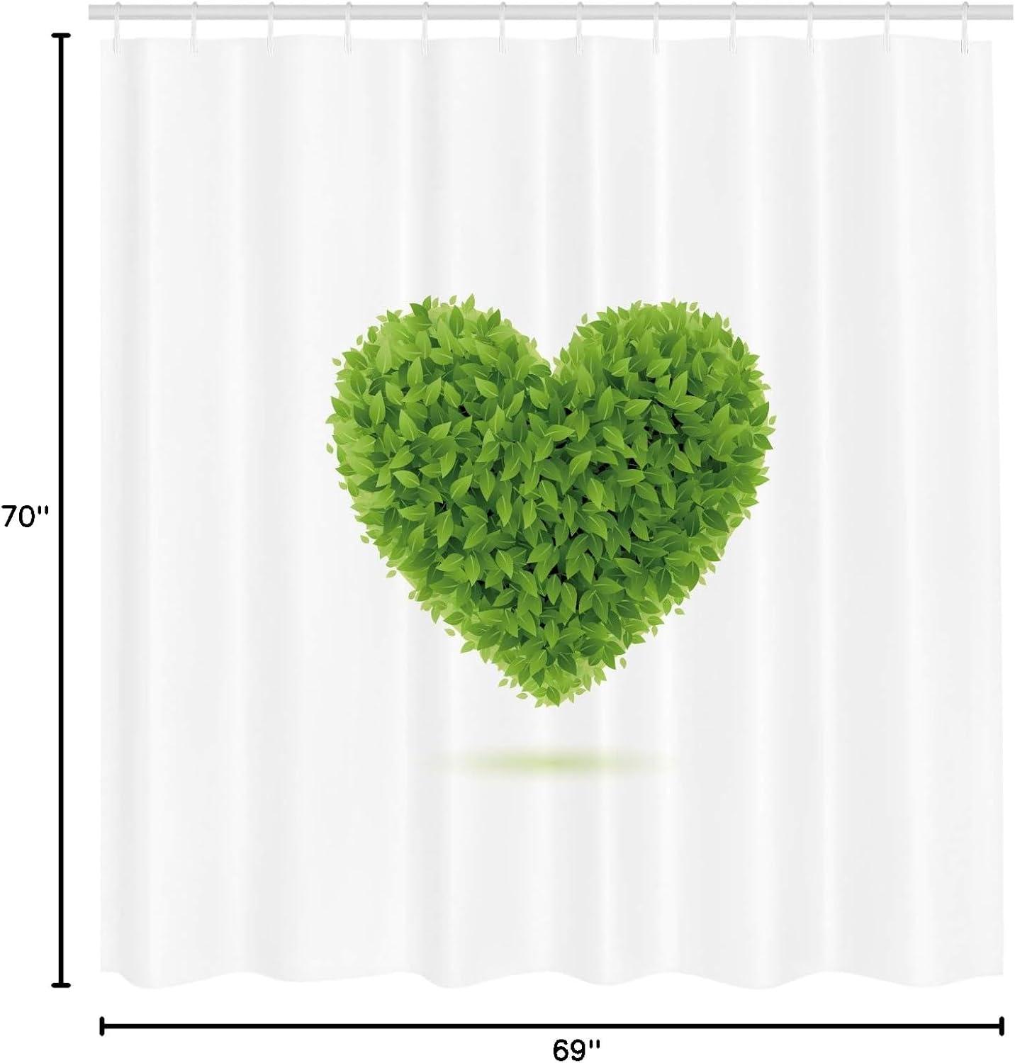 imageAmbesonne Green Shower Curtain Heart with Leafage Foliage Romantic Garden Nature Concept on Plain Backdrop Cloth Fabric Bathroom Decor Set with Hooks 69 W x 70 L Fern Green and White