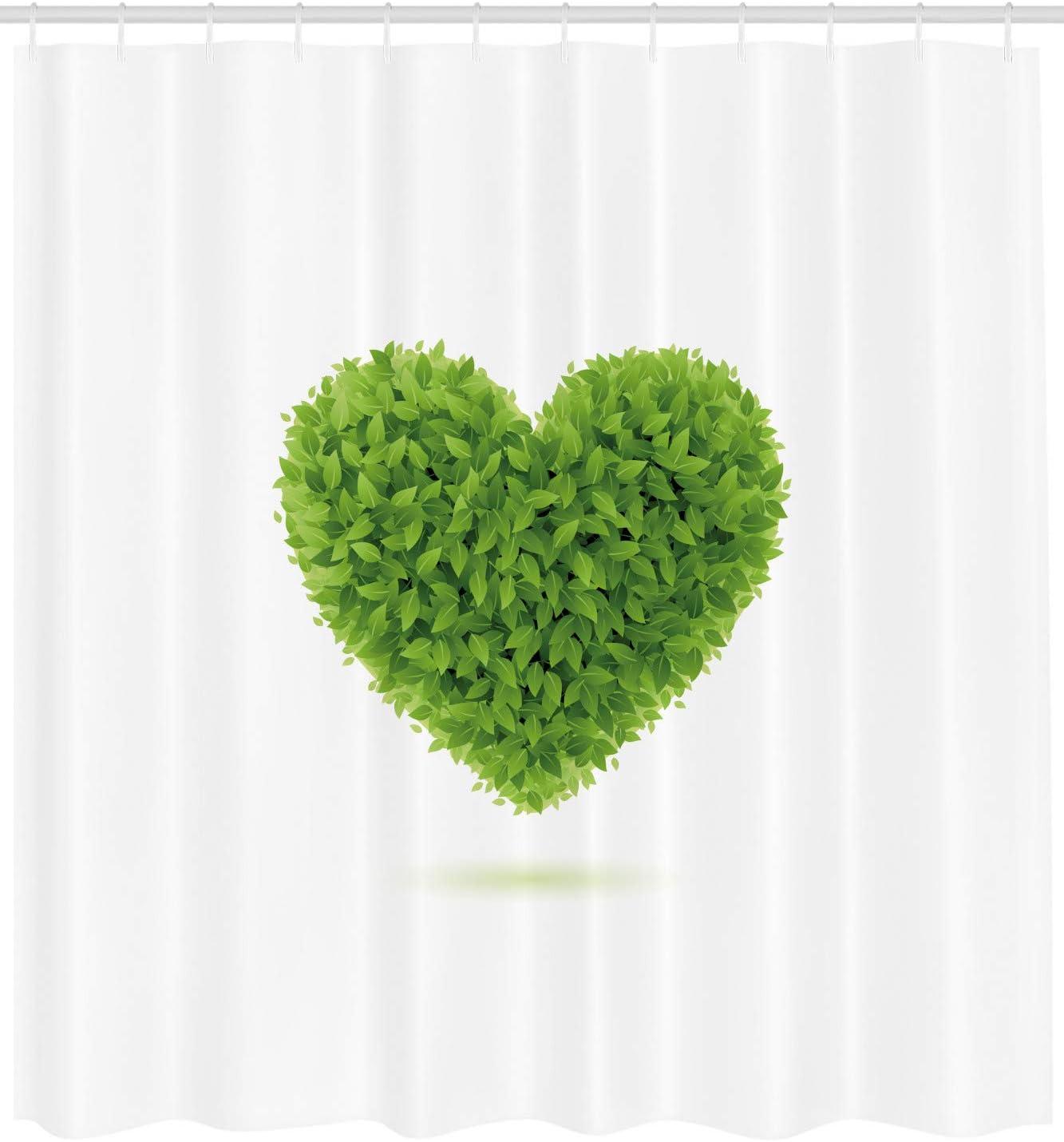 imageAmbesonne Green Shower Curtain Heart with Leafage Foliage Romantic Garden Nature Concept on Plain Backdrop Cloth Fabric Bathroom Decor Set with Hooks 69 W x 70 L Fern Green and White