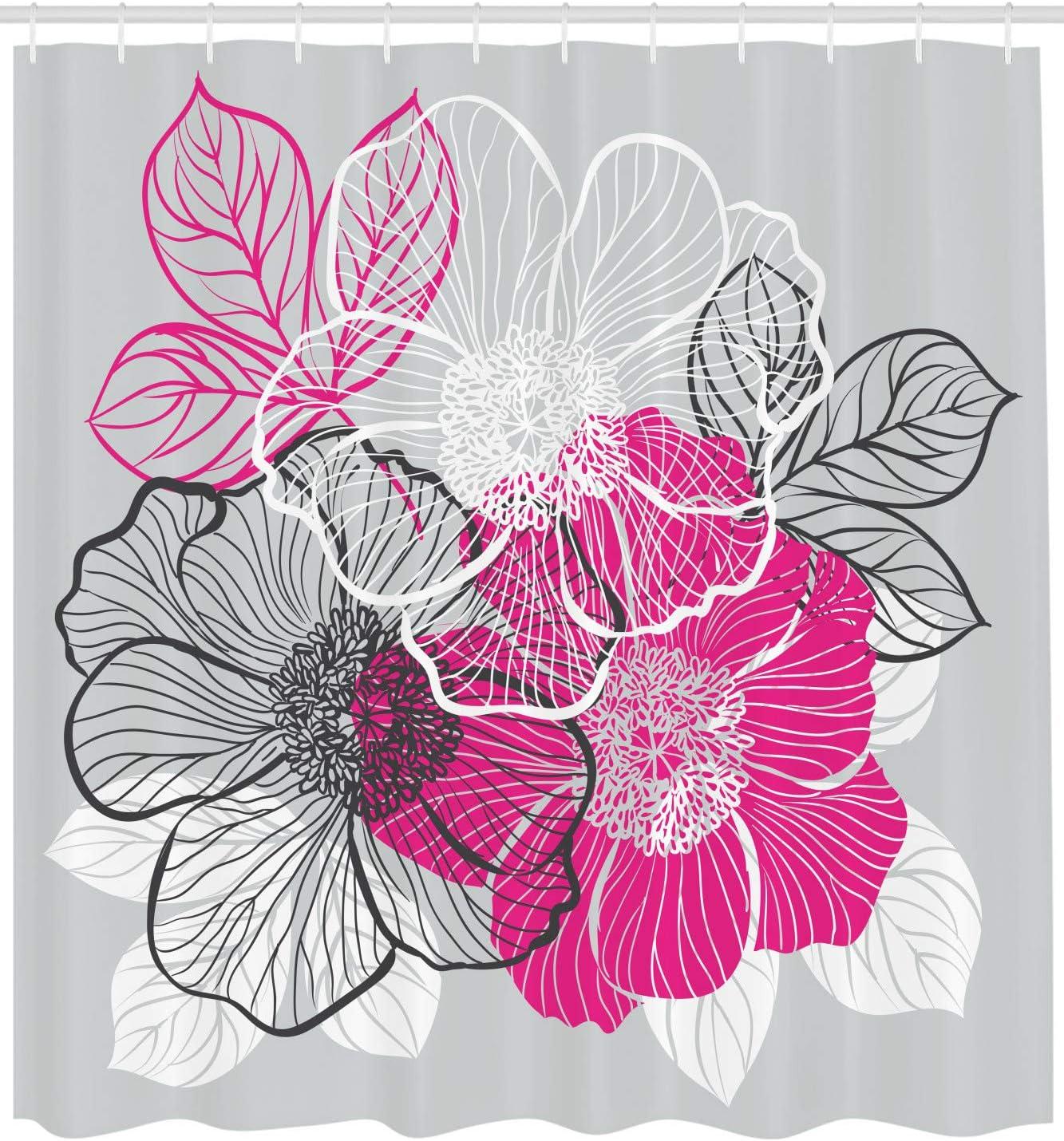 imageAmbesonne Grey Shower Curtain Abstract Blossoming Peonies Romantic Spring Bridal Bouquet Feminine Corsage Cloth Fabric Bathroom Decor Set with Hooks 69 W x 84 L Grey Magenta White