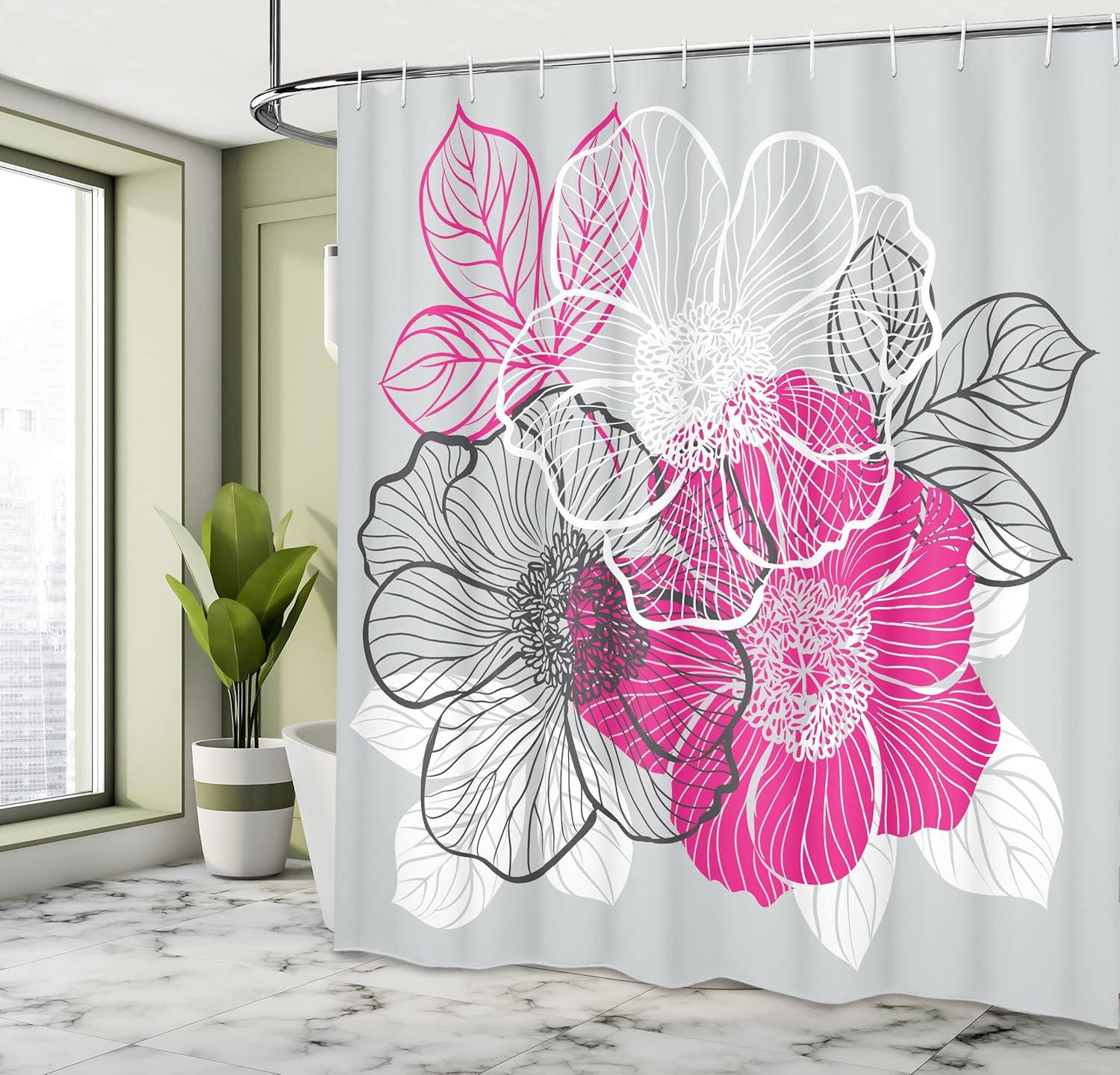 imageAmbesonne Grey Shower Curtain Abstract Blossoming Peonies Romantic Spring Bridal Bouquet Feminine Corsage Cloth Fabric Bathroom Decor Set with Hooks 69 W x 84 L Grey Magenta White