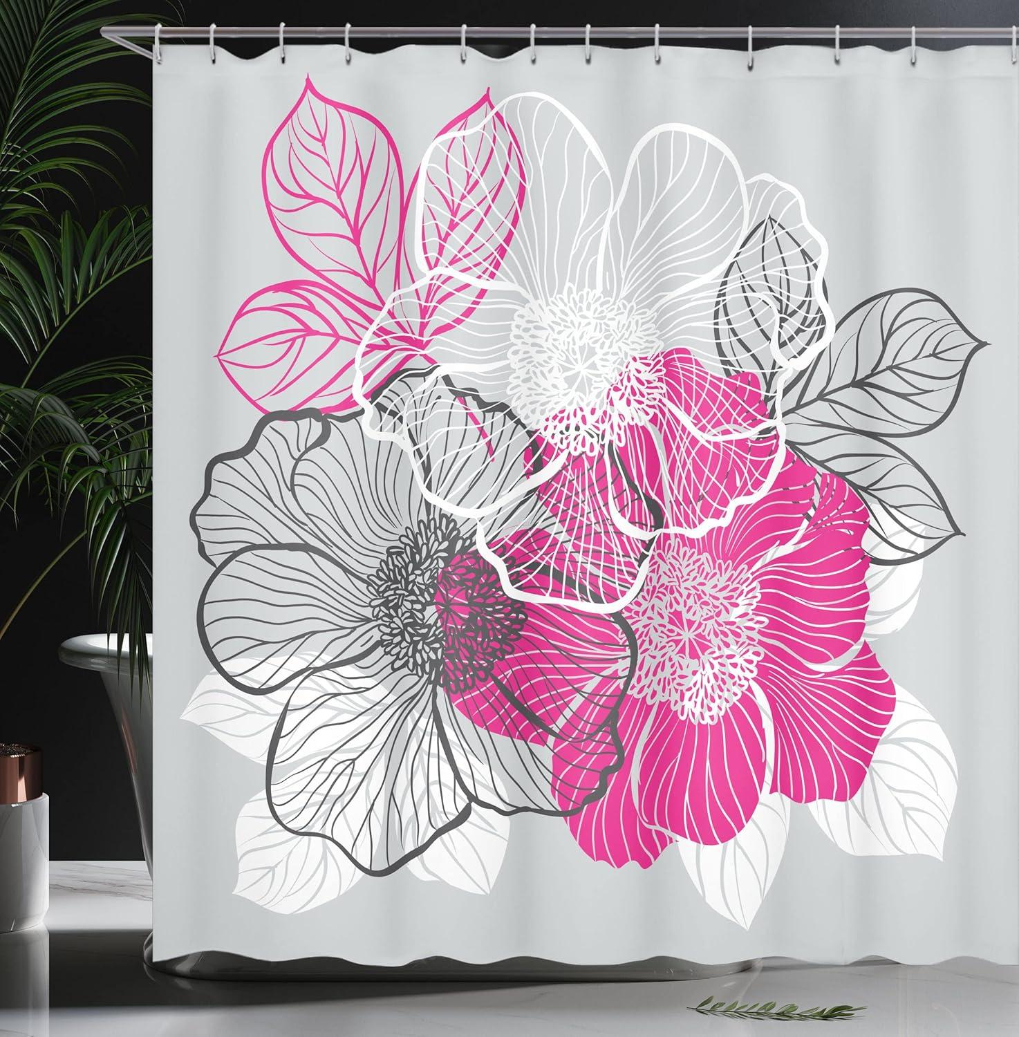 imageAmbesonne Grey Shower Curtain Abstract Blossoming Peonies Romantic Spring Bridal Bouquet Feminine Corsage Cloth Fabric Bathroom Decor Set with Hooks 69 W x 84 L Grey Magenta White