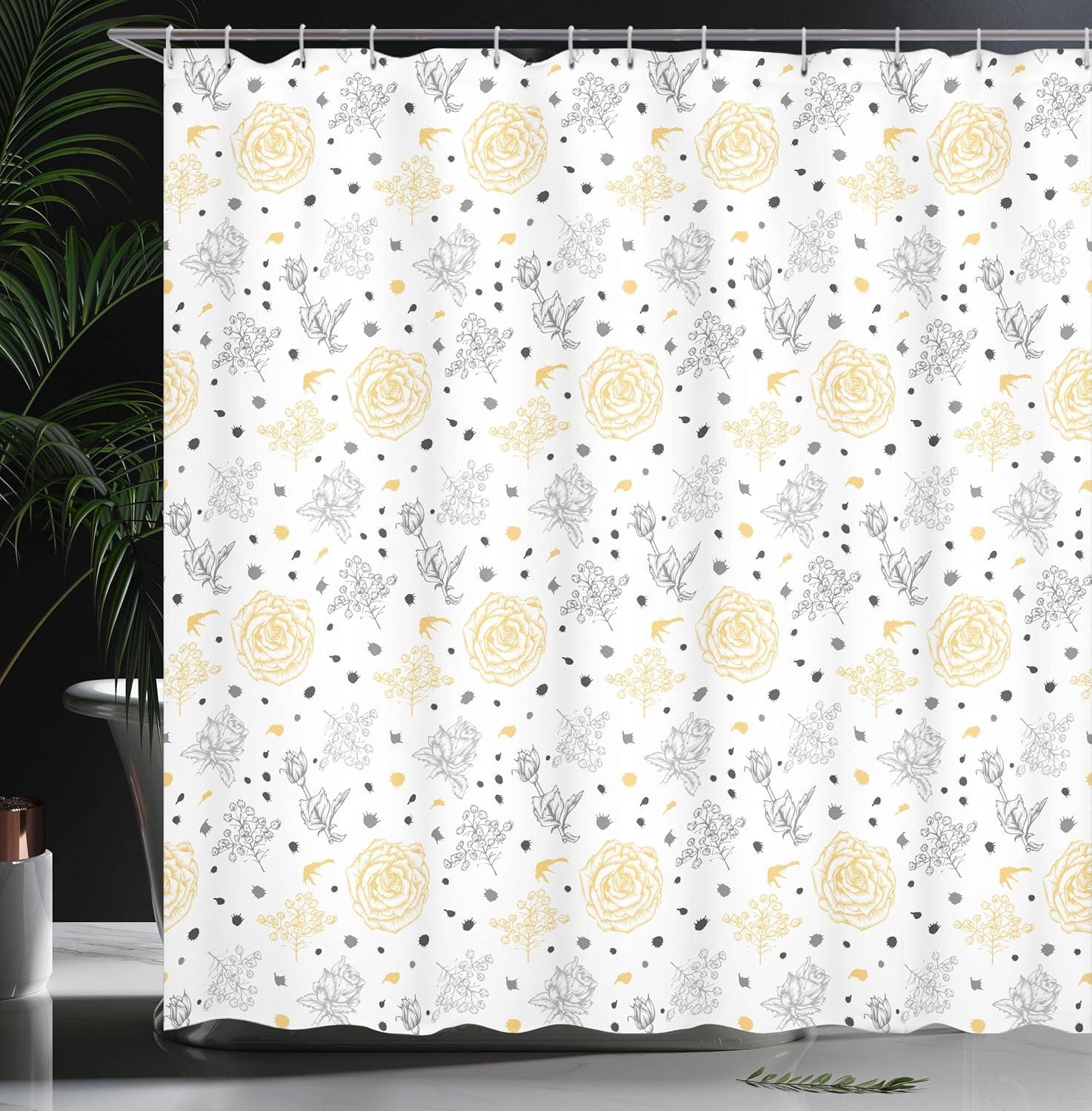 imageAmbesonne Grey and Yellow Shower Curtain Grunge Sketchy Romantic Roses Leaves Cotton Flowers with Dots Image Cloth Fabric Bathroom Decor Set with Hooks 69 W x 70 L Yellow Grey White