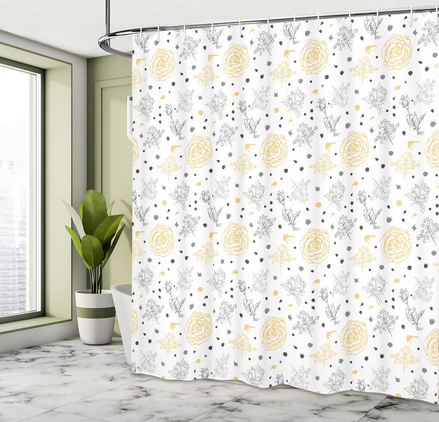 imageAmbesonne Grey and Yellow Shower Curtain Grunge Sketchy Romantic Roses Leaves Cotton Flowers with Dots Image Cloth Fabric Bathroom Decor Set with Hooks 69 W x 70 L Yellow Grey White