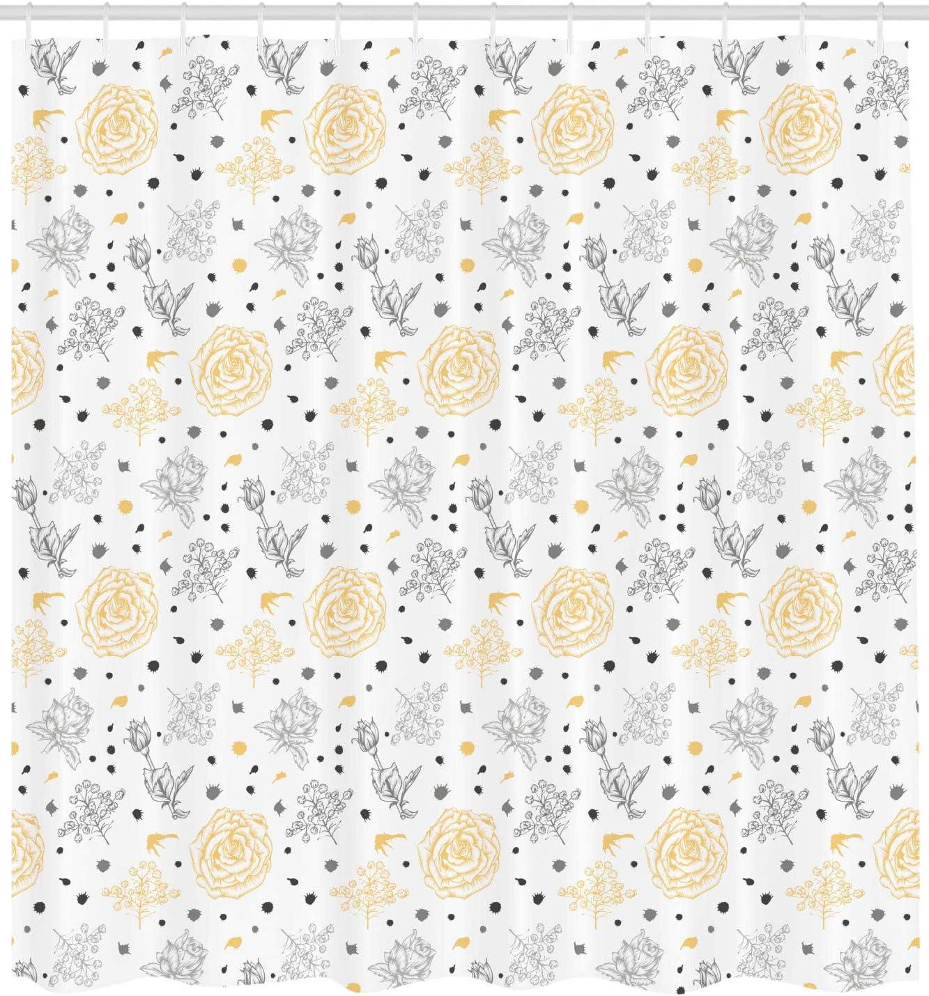 imageAmbesonne Grey and Yellow Shower Curtain Grunge Sketchy Romantic Roses Leaves Cotton Flowers with Dots Image Cloth Fabric Bathroom Decor Set with Hooks 69 W x 70 L Yellow Grey White