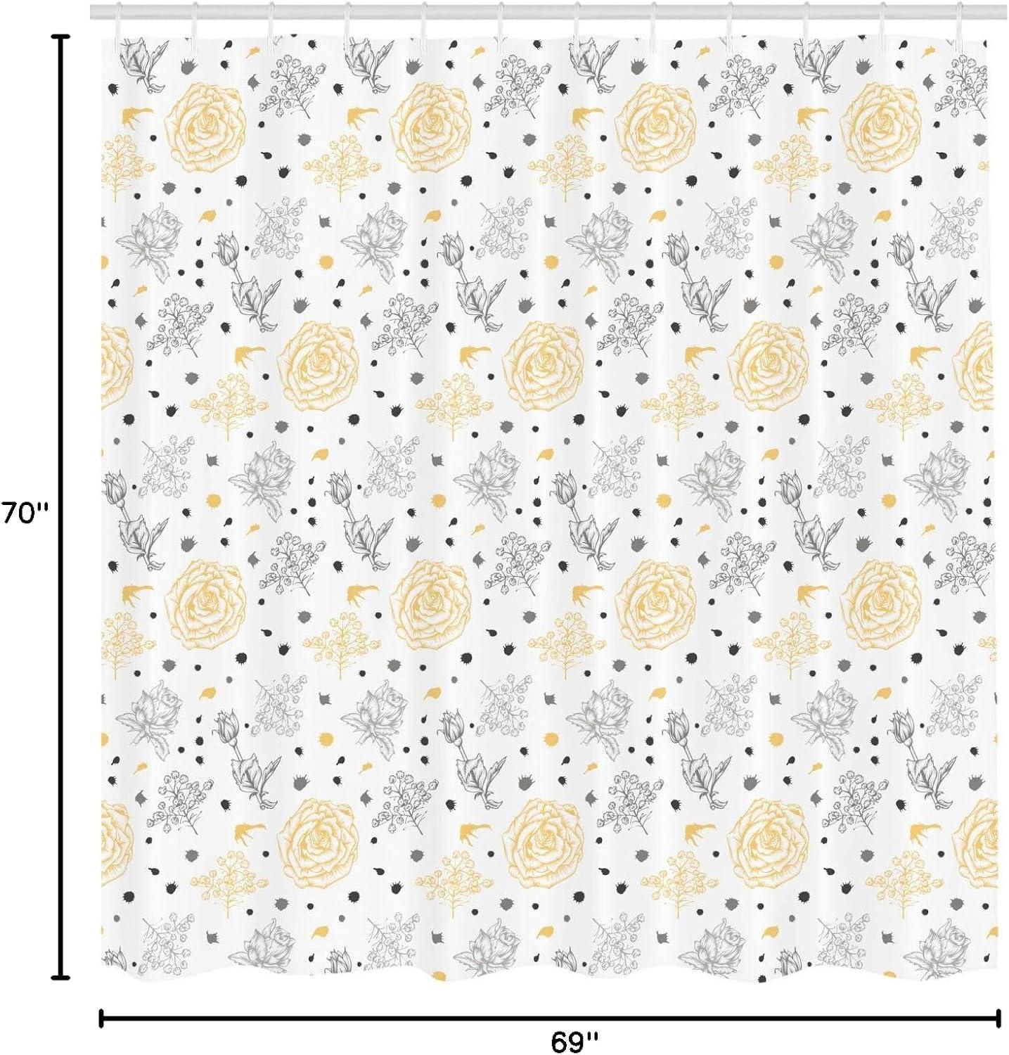 imageAmbesonne Grey and Yellow Shower Curtain Grunge Sketchy Romantic Roses Leaves Cotton Flowers with Dots Image Cloth Fabric Bathroom Decor Set with Hooks 69 W x 70 L Yellow Grey White